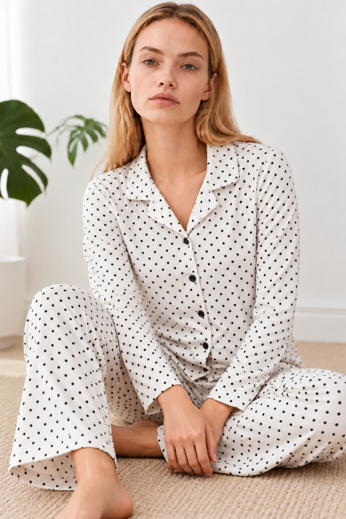 Kadın Desenli Gömlek Yaka Çok Renkli Pijama Takımı 4856