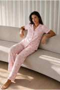 Kadın Loose Uzun Paça Pamuk Pembe Pijama Takımı