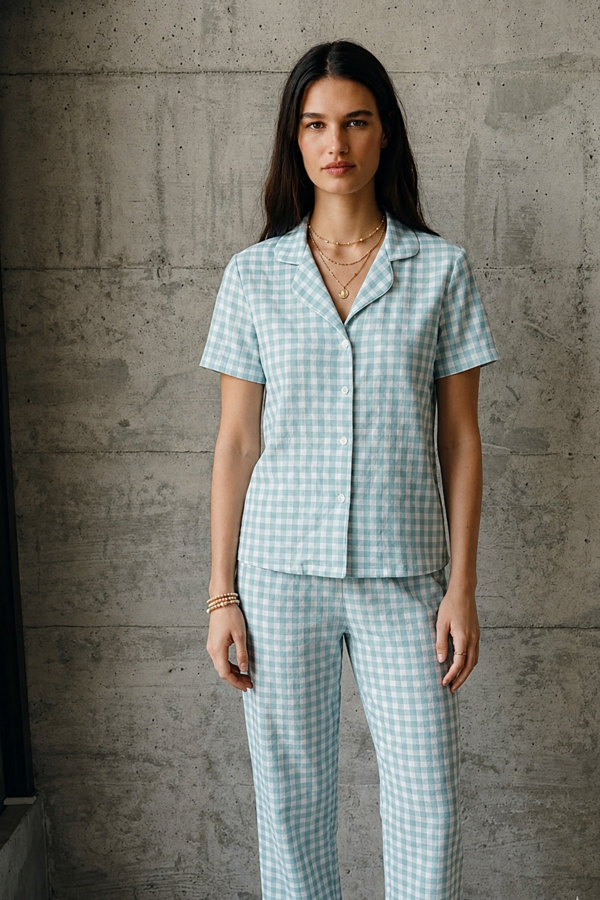 V Yaka Düğmeli Casual Su Yeşili Pijama Takımı