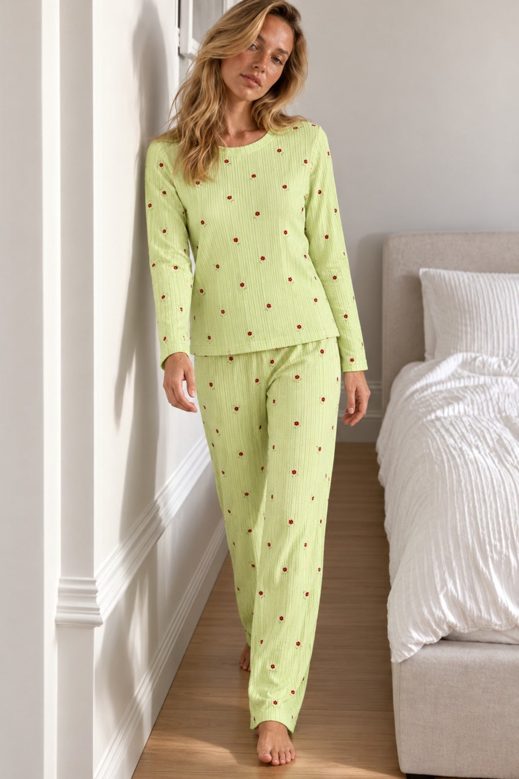 Kadın Şık Uzun Kollu Yeşil Pijama Takımı