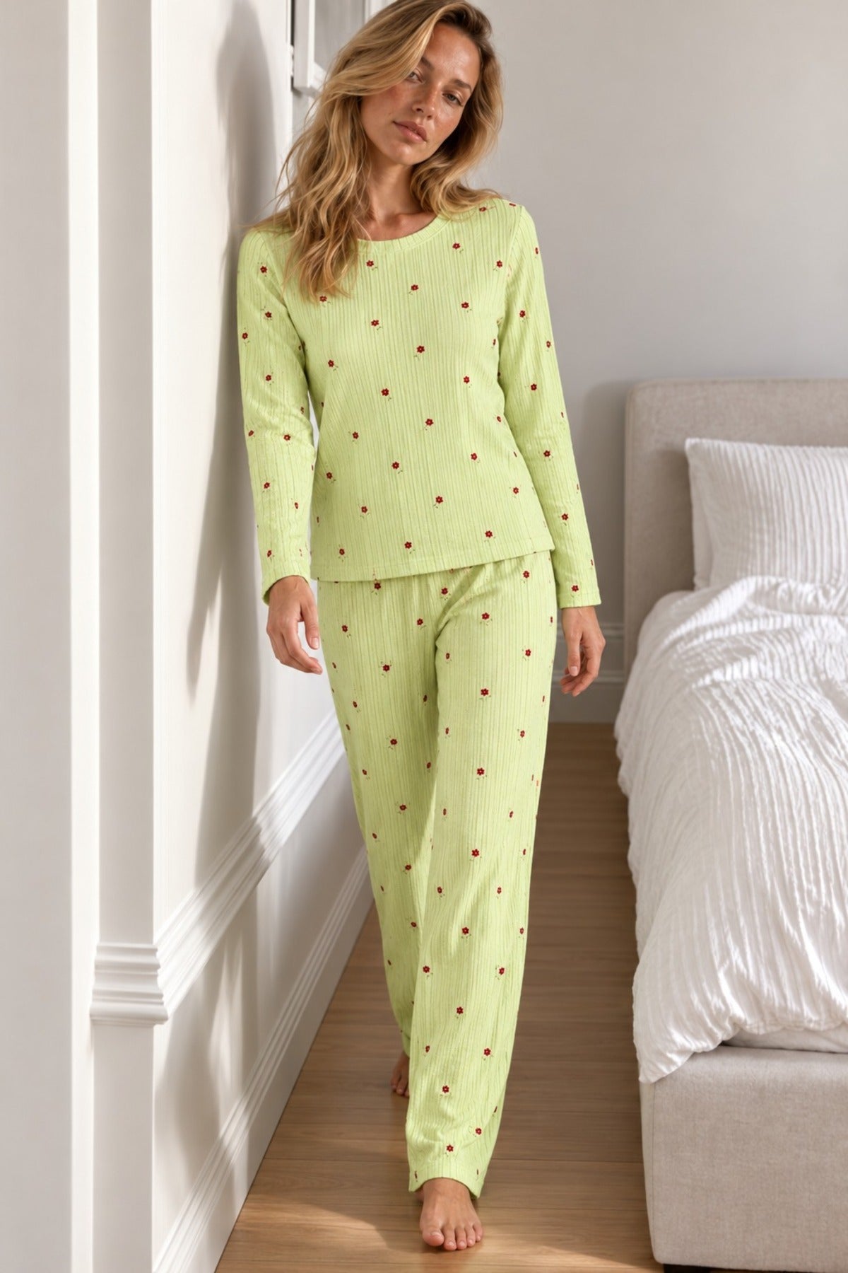 Kadın Şık Uzun Kollu Yeşil Pijama Takımı