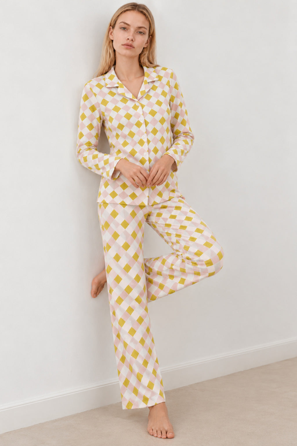 Kadın Desenli Gömlek Yaka Sarı Pijama Takımı 4860
