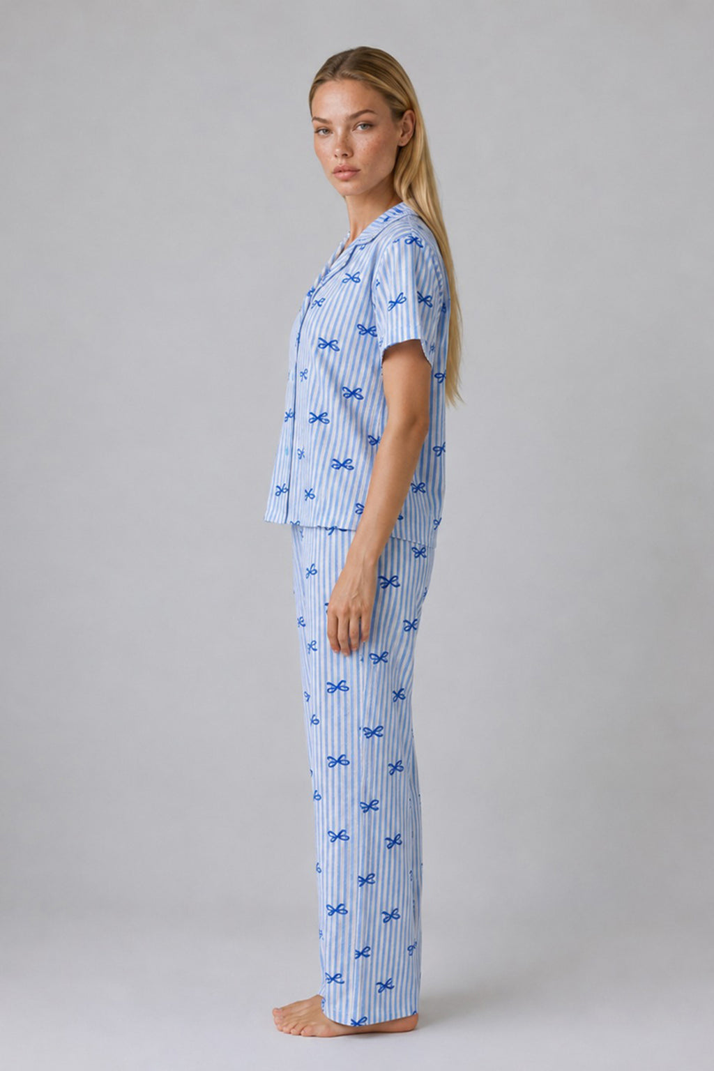 Mavi Kurdele Desenli Çizgili Bürümcük Pijama Takımı 4645-Mavi