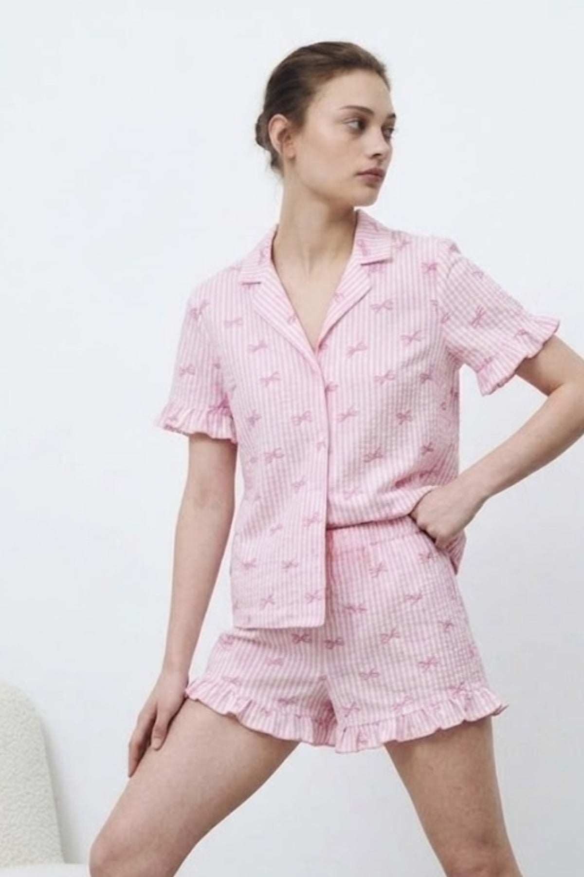 Kadın Premium Fırfırlı Pembe Pijama Takımı
