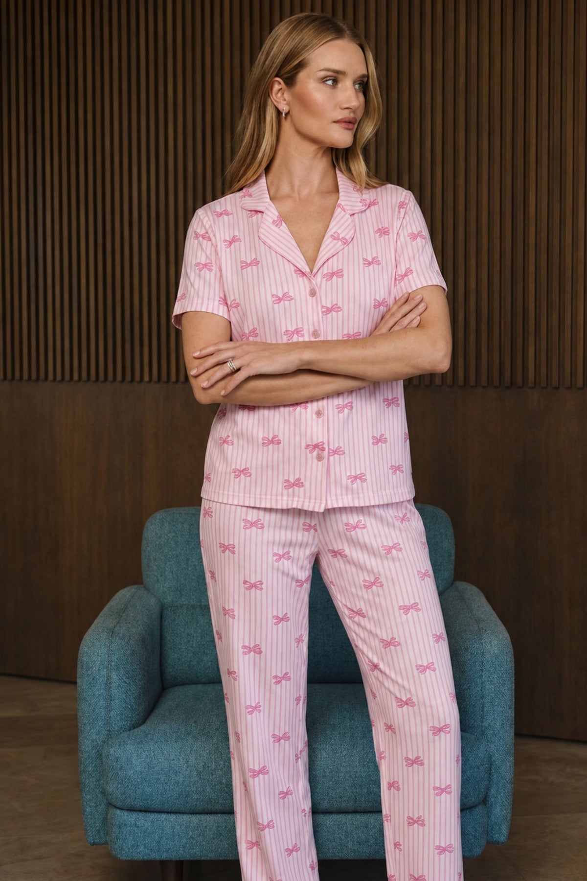 Bol Kesim V Yaka Örme Pembe Pijama Takımı