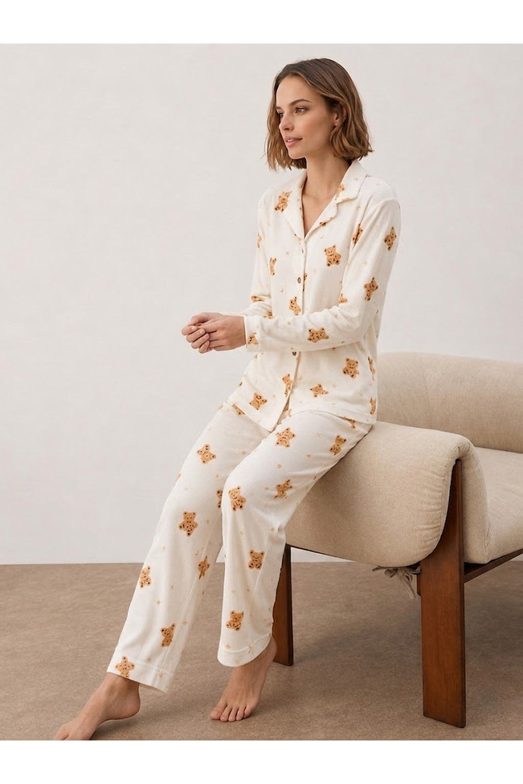 Kadın Gömlek Yakalı Uzun Kollu Beyaz Pijama Seti