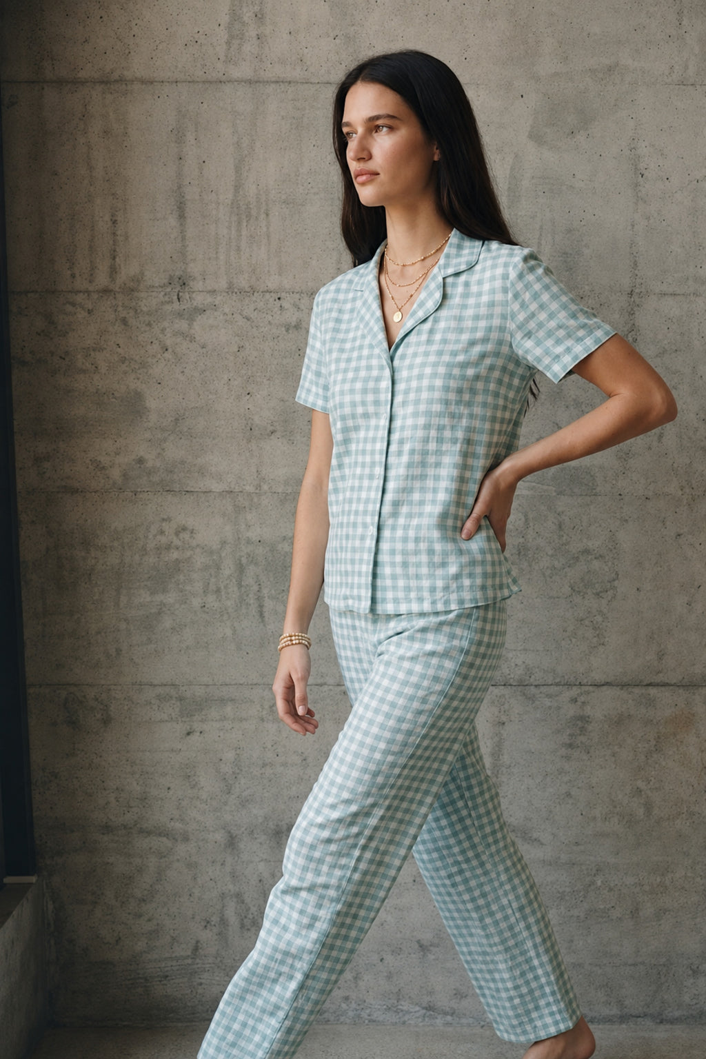 V Yaka Düğmeli Casual Su Yeşili Pijama Takımı