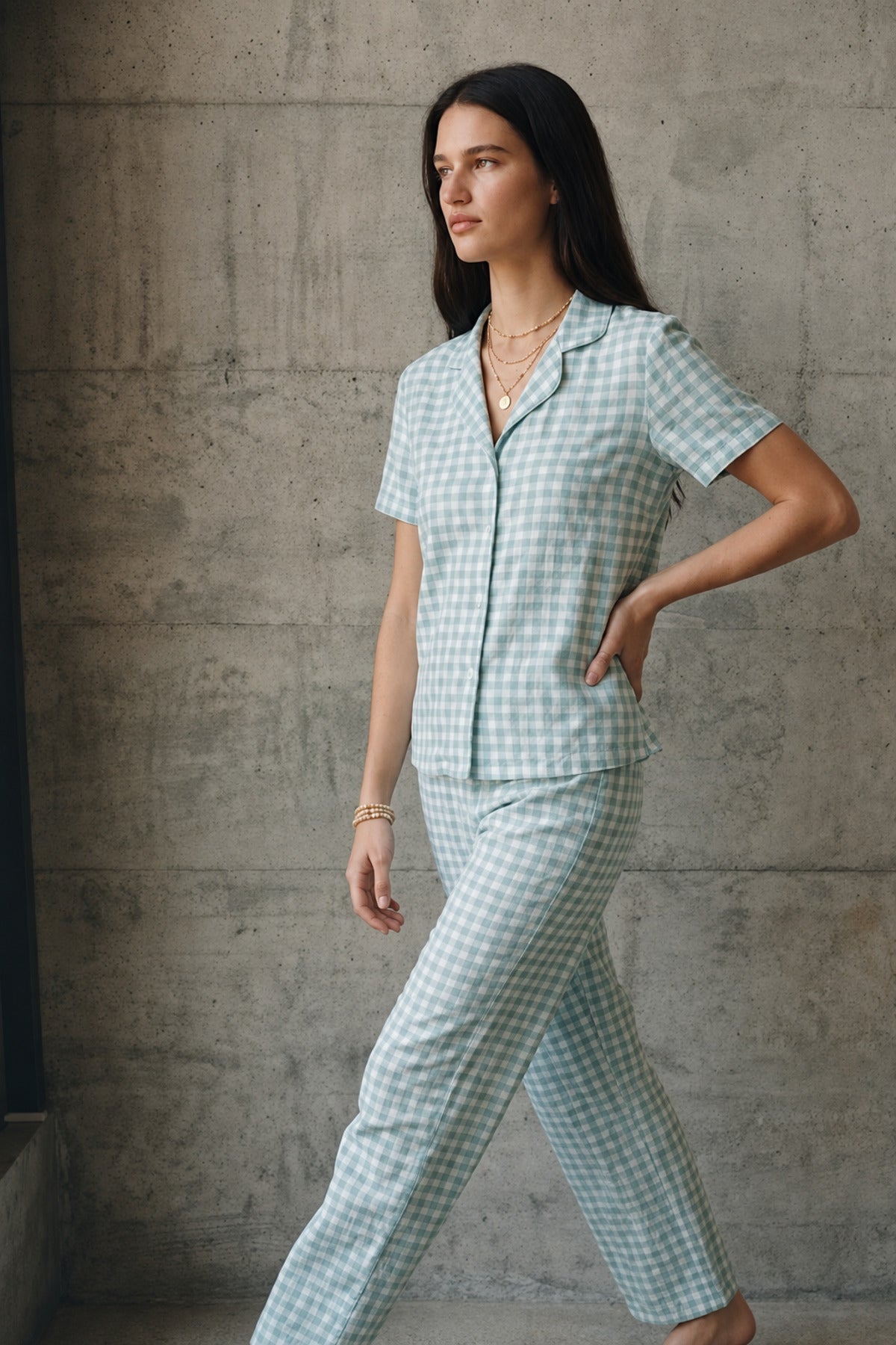 V Yaka Düğmeli Casual Su Yeşili Pijama Takımı