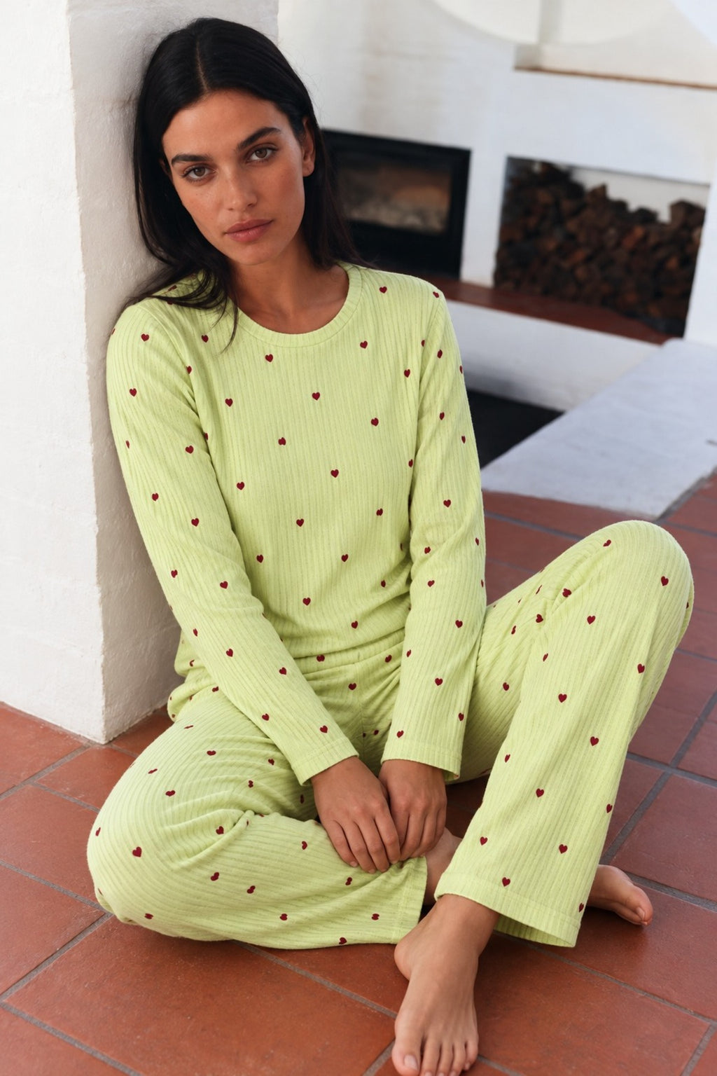 Kadın Desenli Uzun Kollu Rahat Yeşil Pijama Takımı