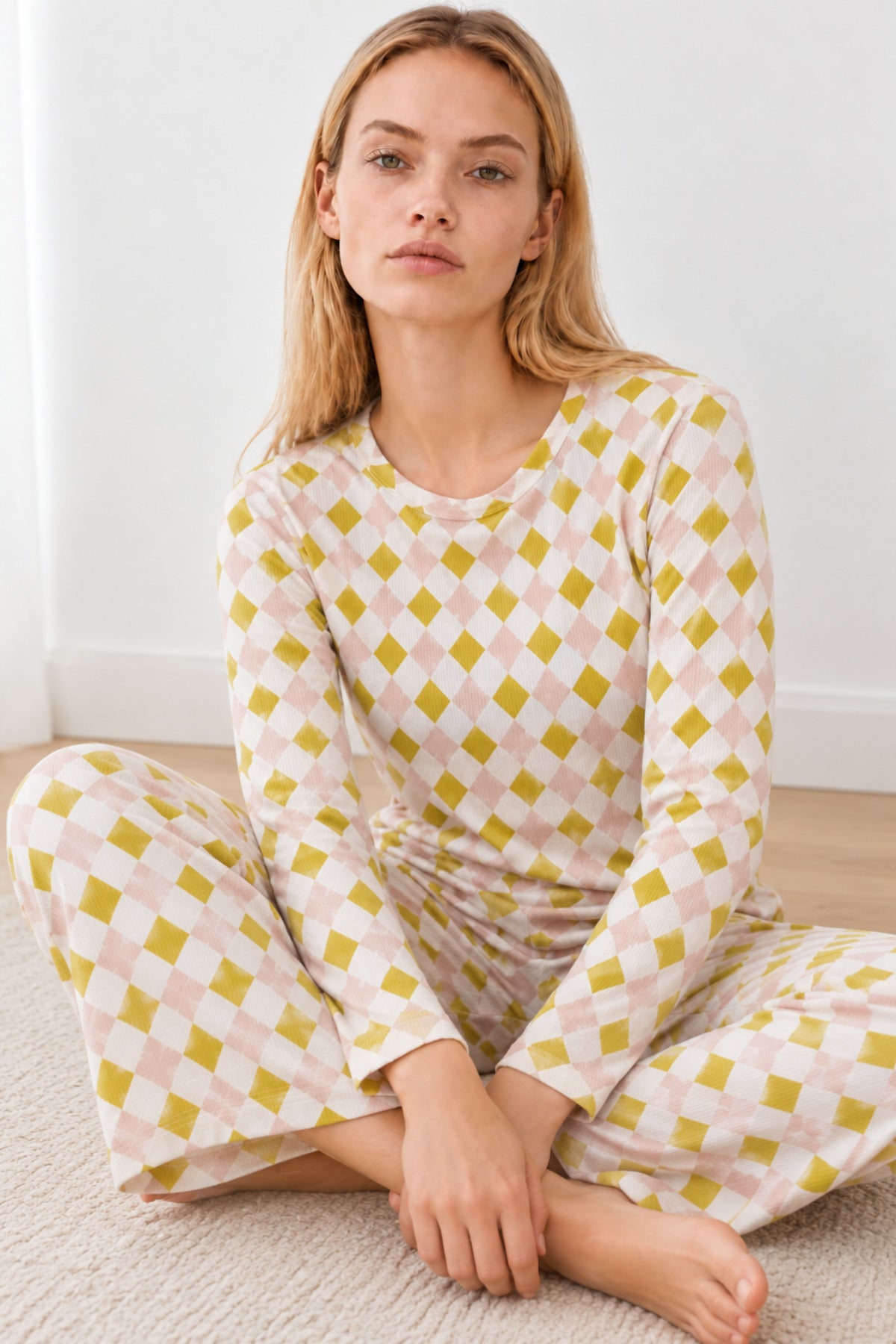 Kadın Kışlık Trend Sarı Gecelik Pijama Takımı 4862