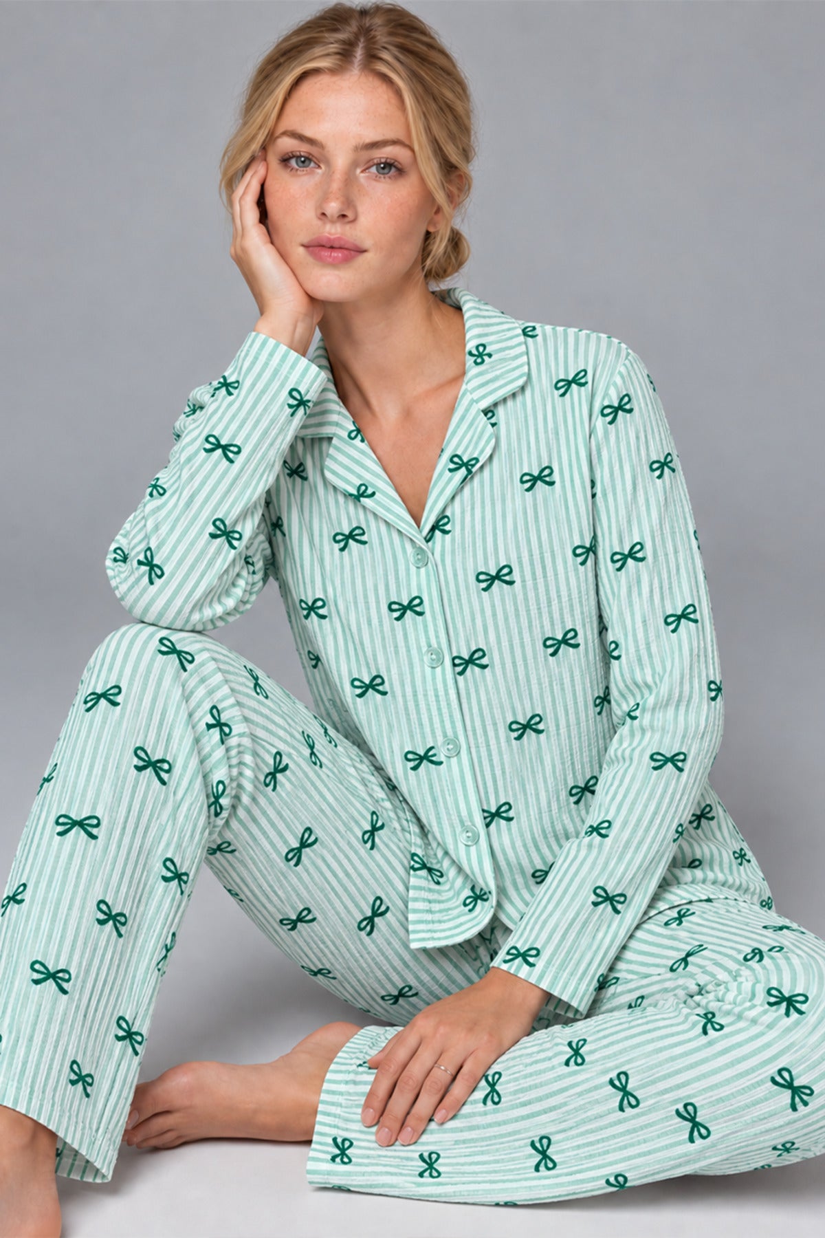 Kadın Kurdela Desenli Bol Yeşil Pijama Takımı 4799