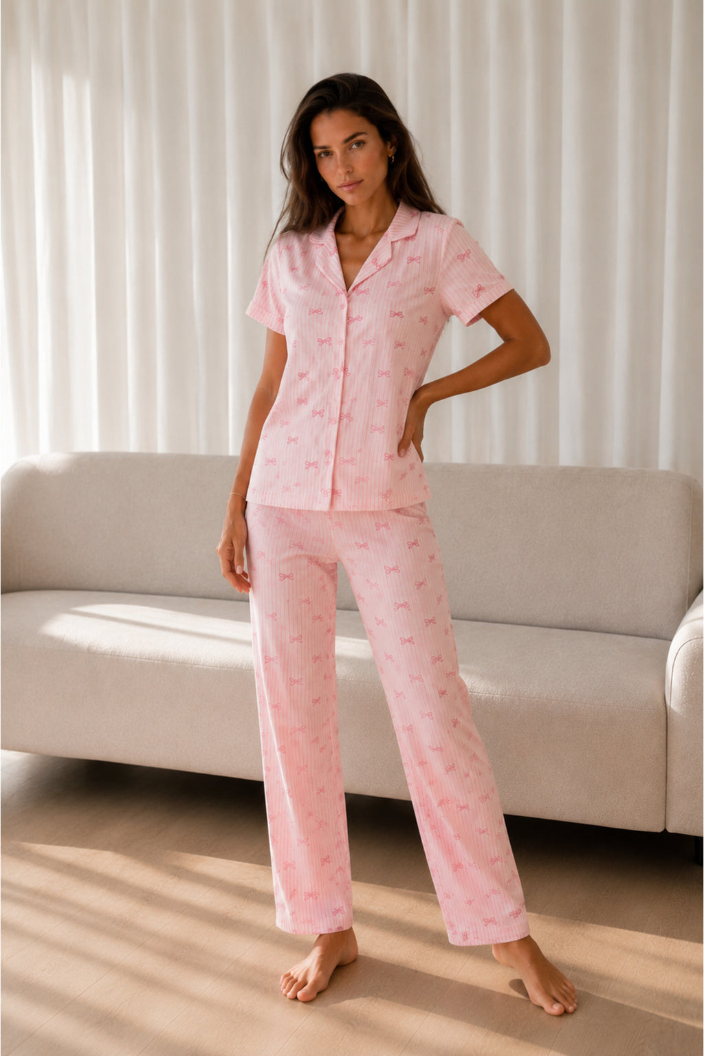 Kadın Loose Uzun Paça Pamuk Pembe Pijama Takımı