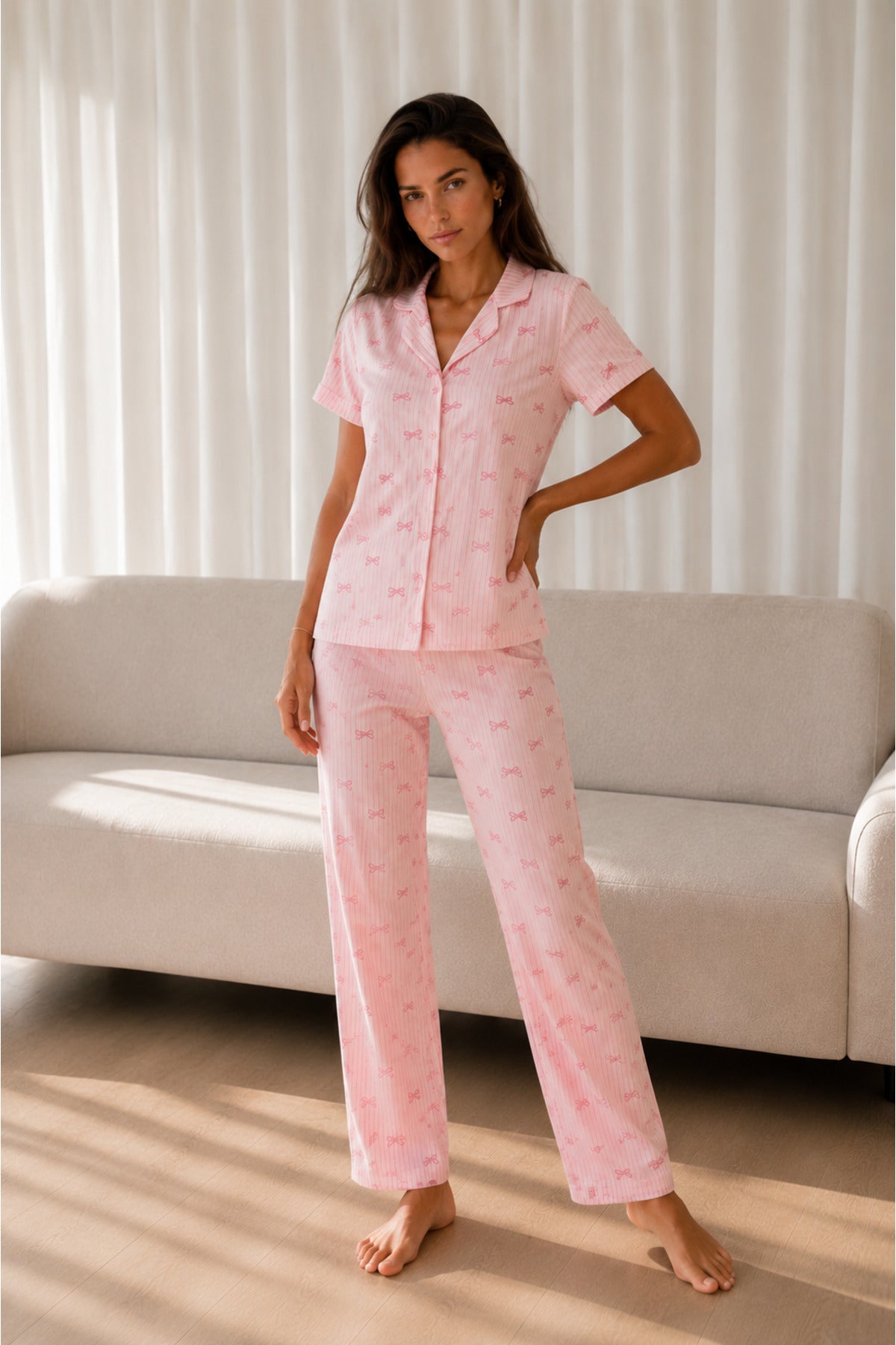 Kadın Loose Uzun Paça Pamuk Pembe Pijama Takımı