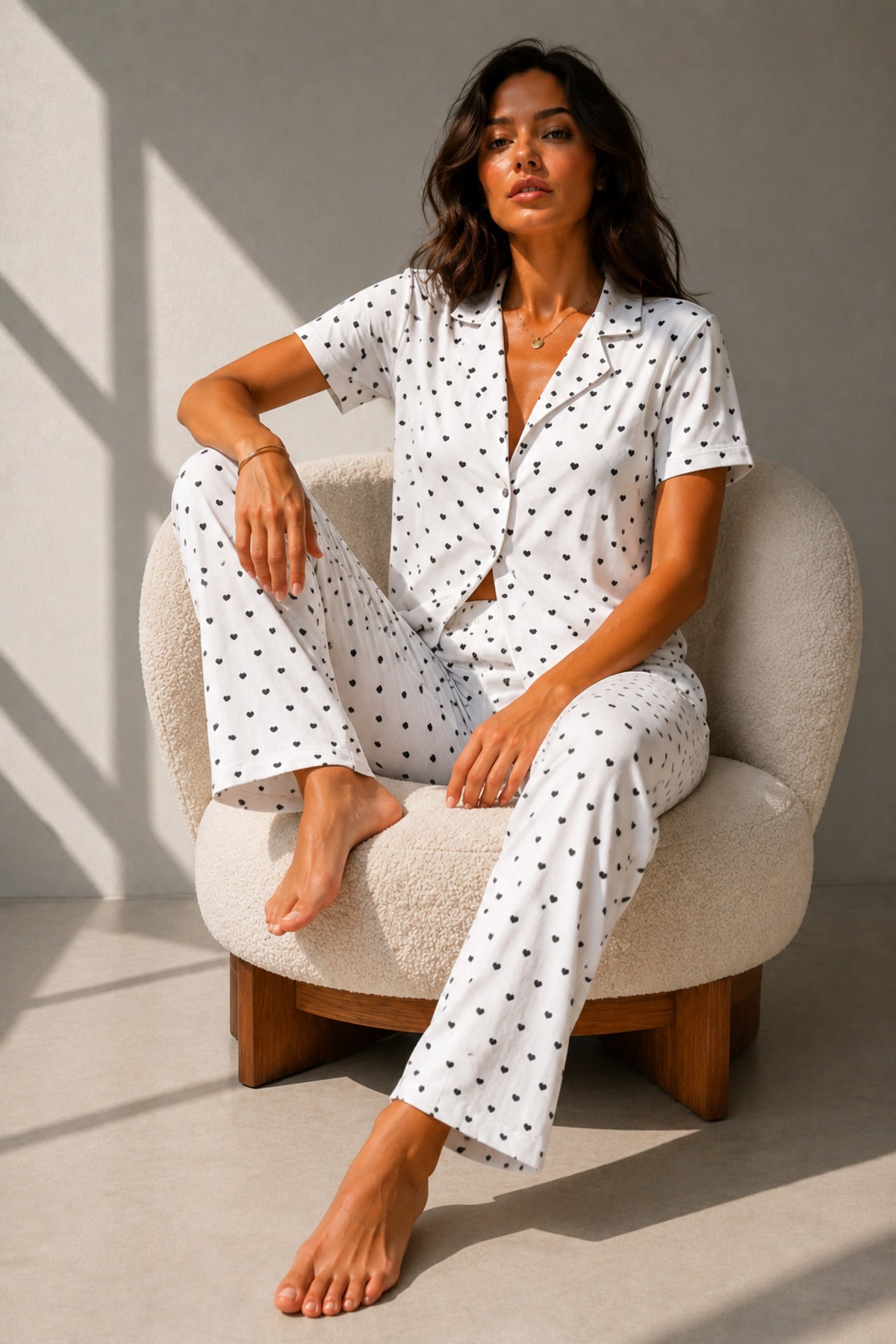 Kadın Klasik Doğal Düğme Gece Kar Beyaz Pijama Takımı
