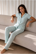 Kadın Loose Uzun Paça Pamuk Su Yeşili Pijama Takımı