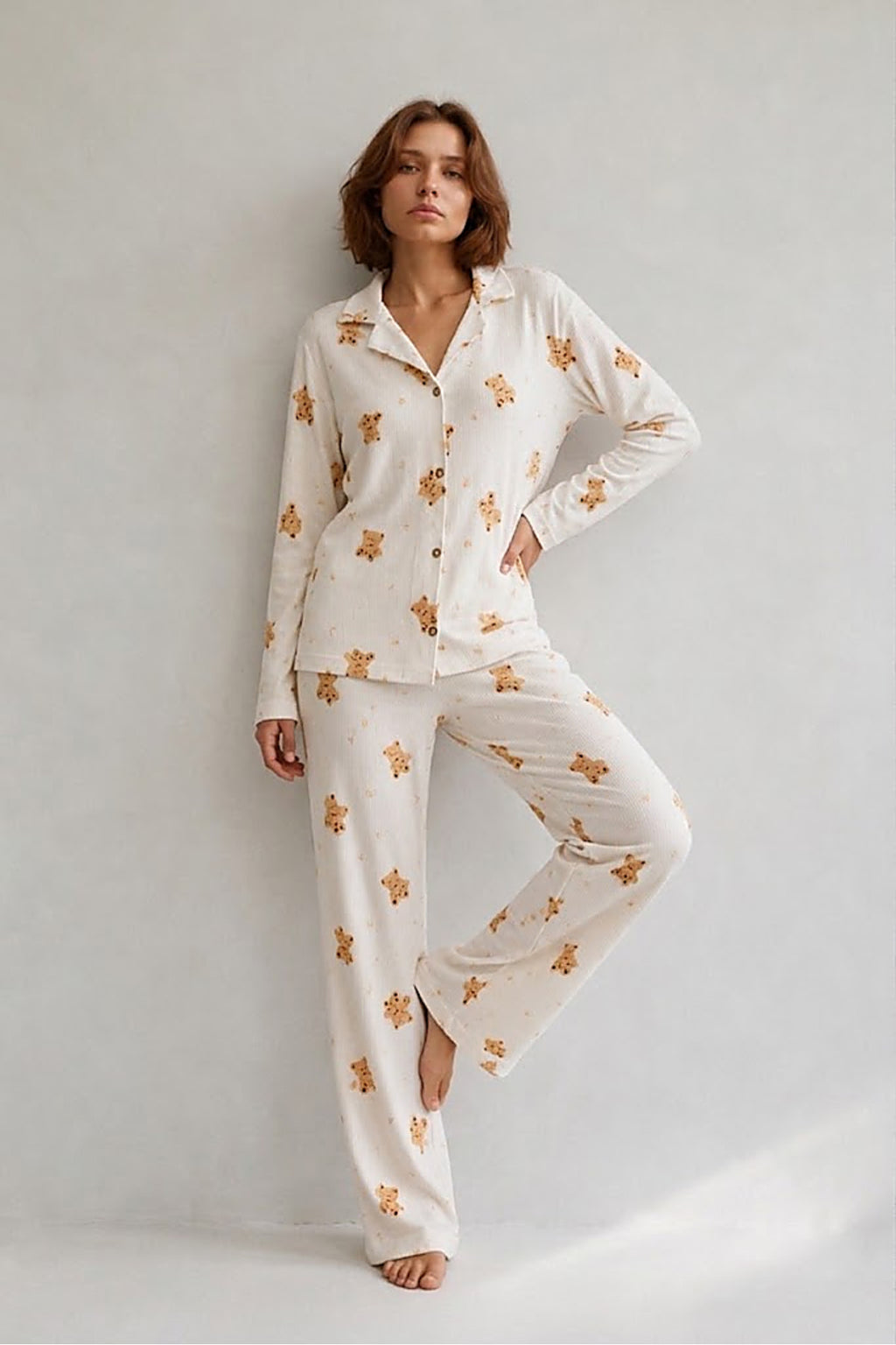 Kadın Gömlek Yaka Düğmeli Gece Giyimi Beyaz Pijama Takımı