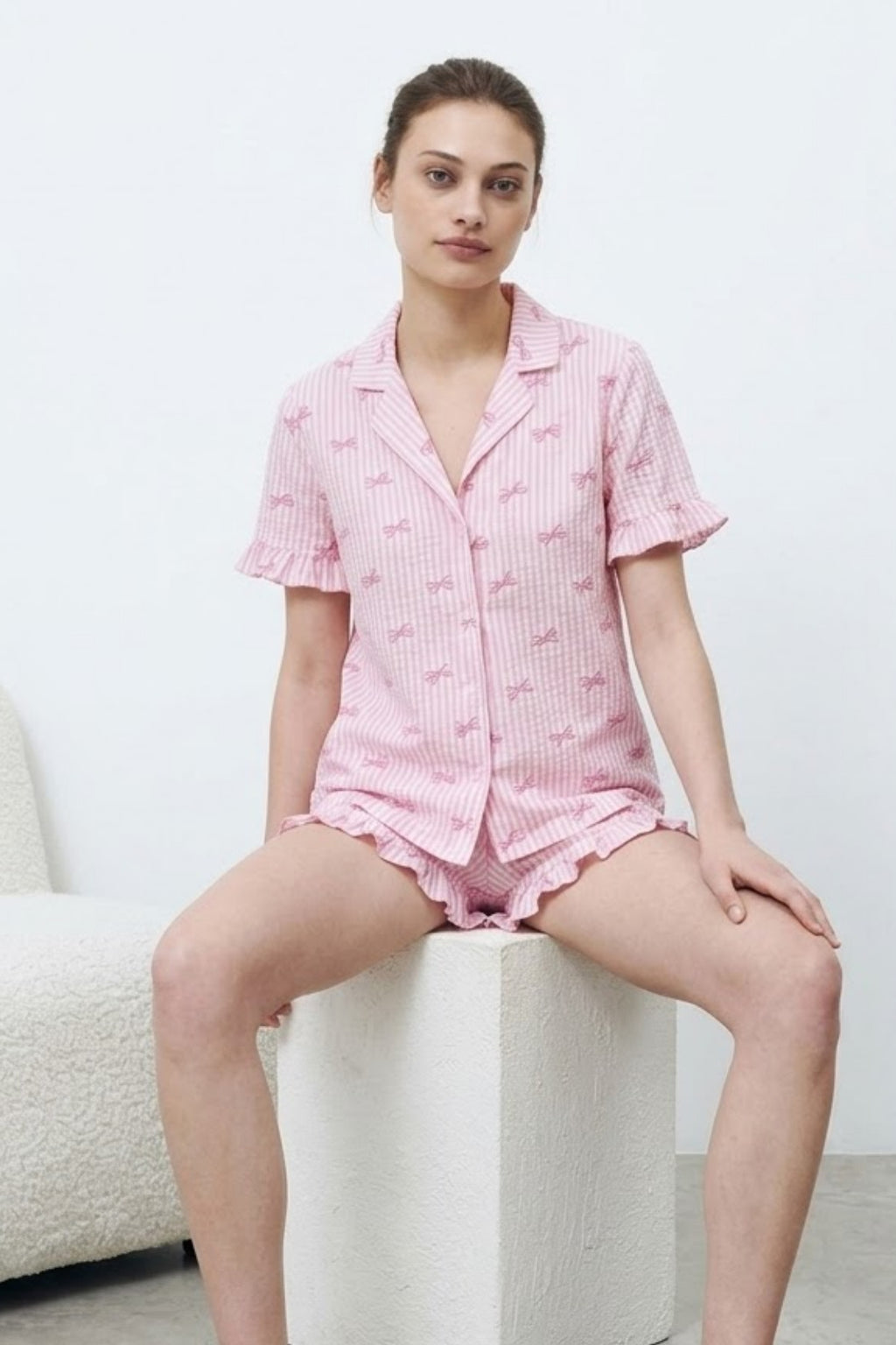 Kadın Premium Fırfırlı Pembe Pijama Takımı