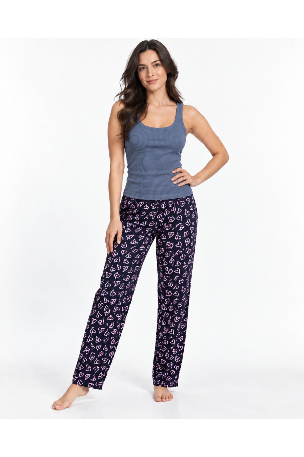 Kadın Çizgili Bluz Desenli Askılı Gri Pijama Takımı