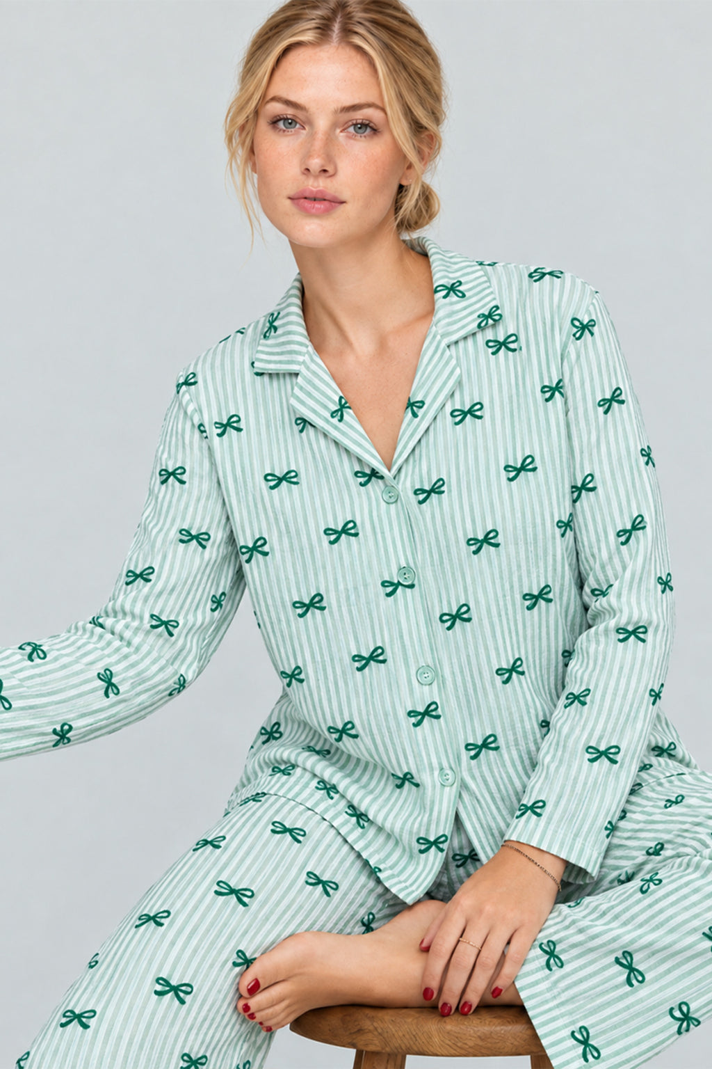 Kadın Kurdela Desenli Bol Yeşil Pijama Takımı 4799