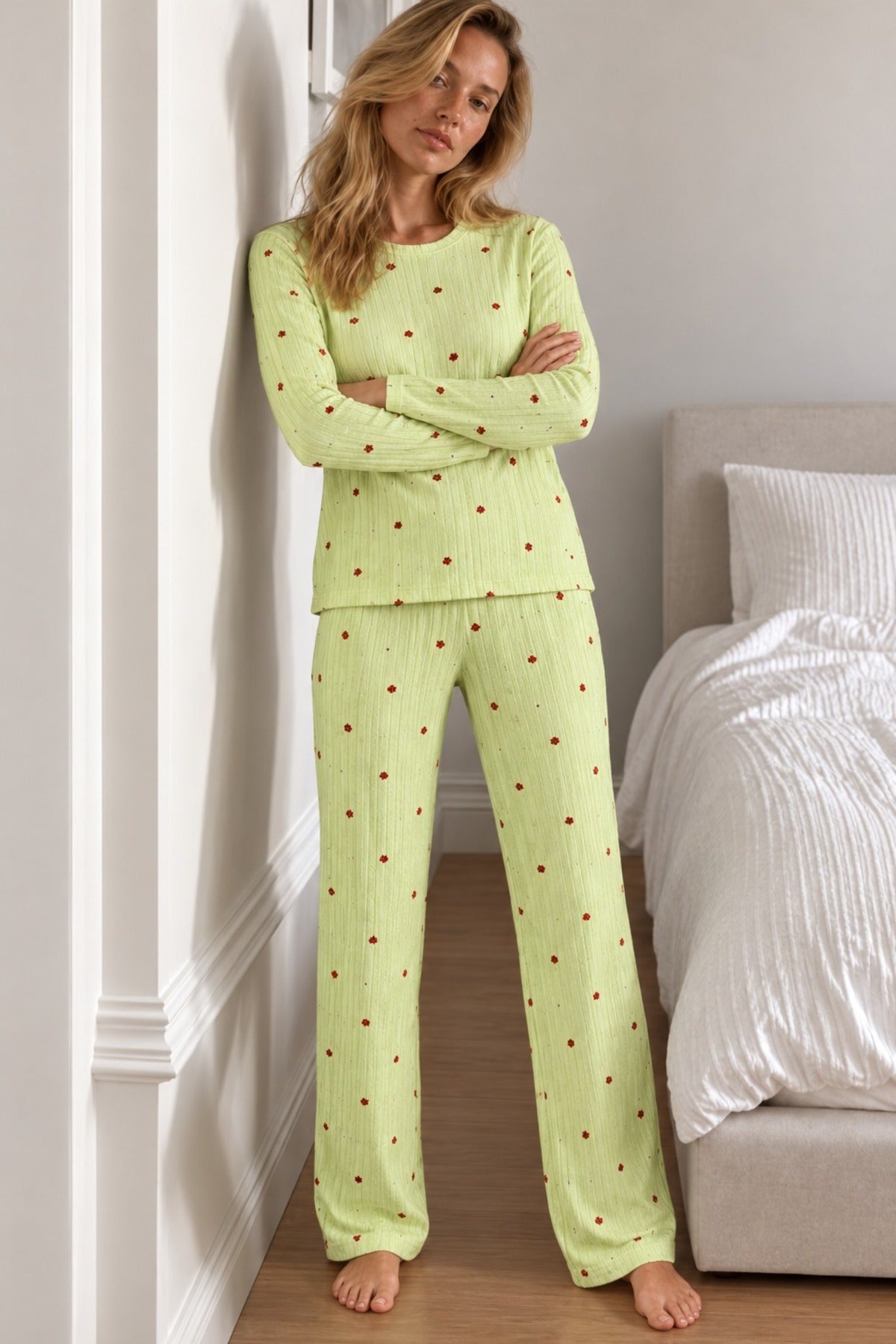 Kadın Şık Uzun Kollu Yeşil Pijama Takımı
