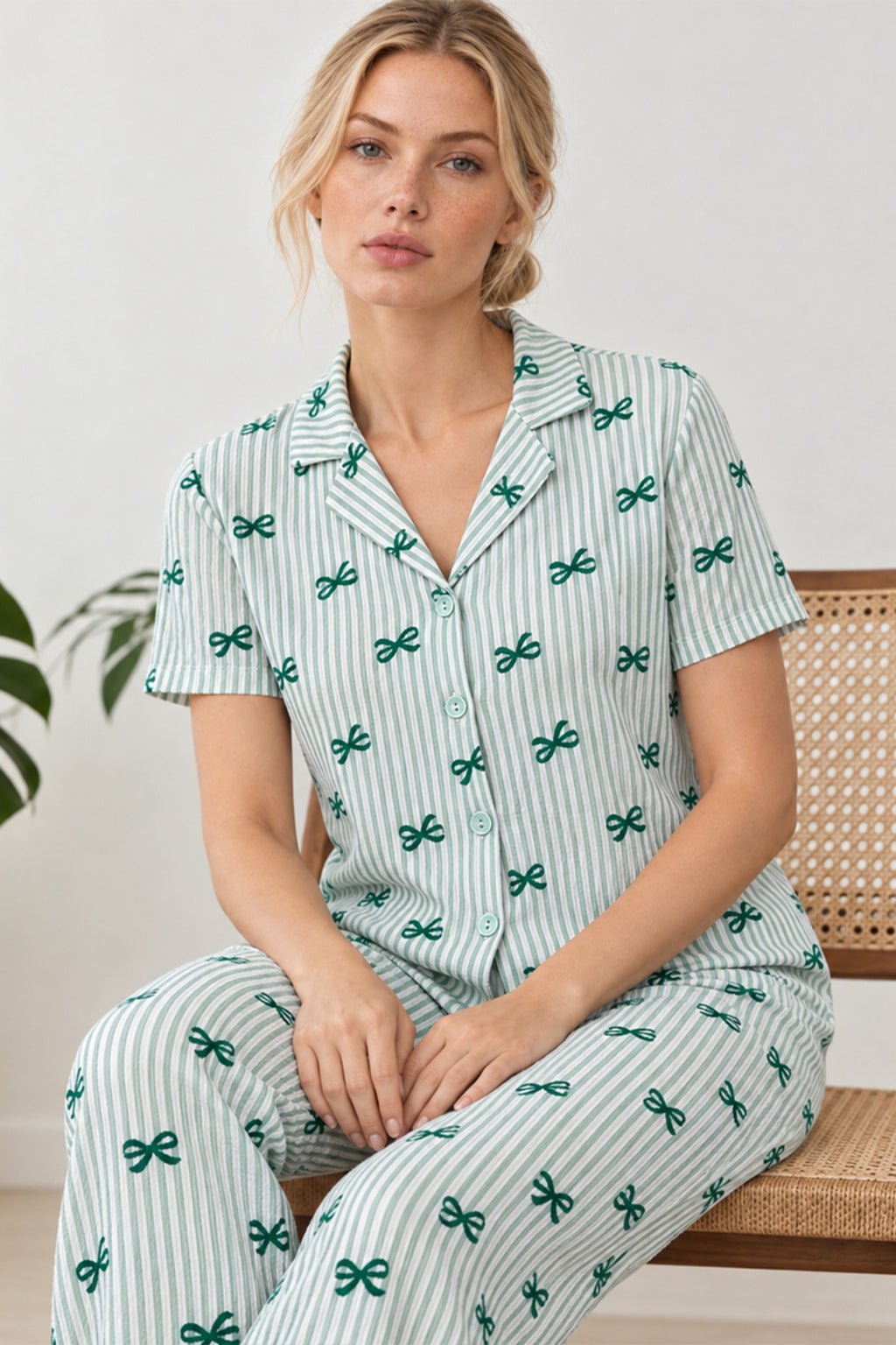 Kadın Desenli Yeşil Rahat Pijama Takımı 4800