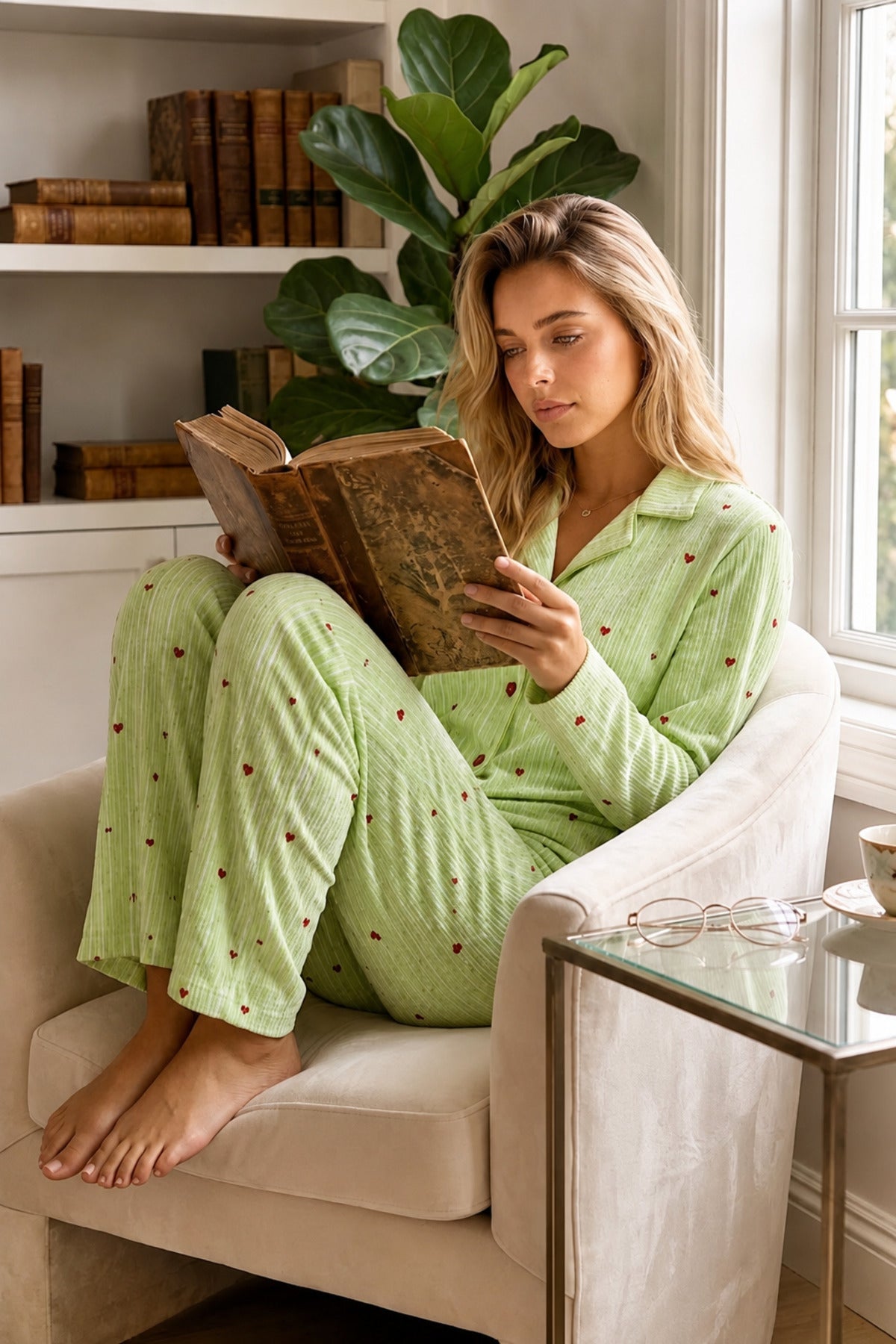 Kadın Puantiyeli Uzun Kollu Düğmeli Yeşil Pijama Takımı