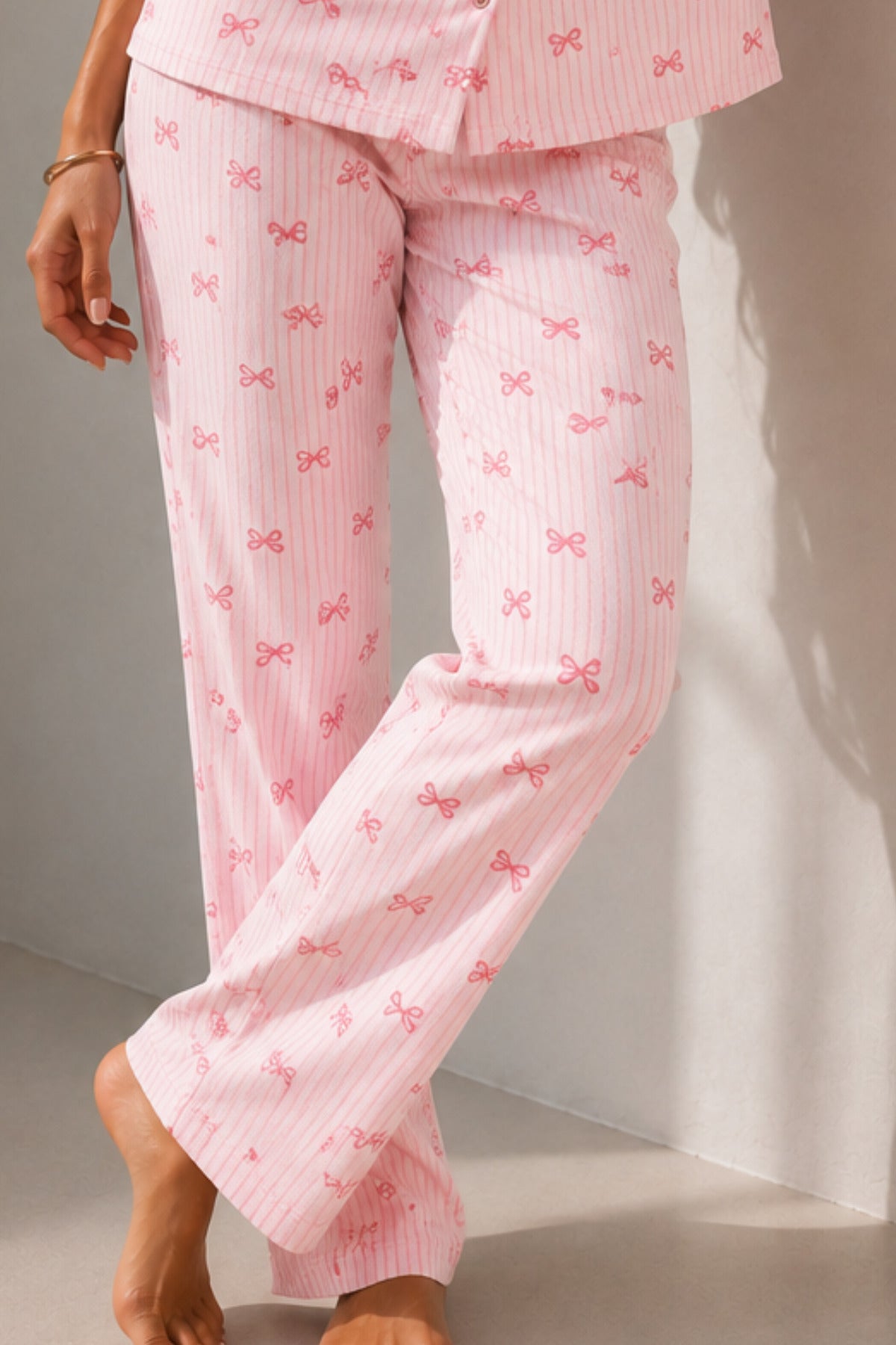 Kadın Klasik Doğal Düğme Gece Pembe Pijama Takımı