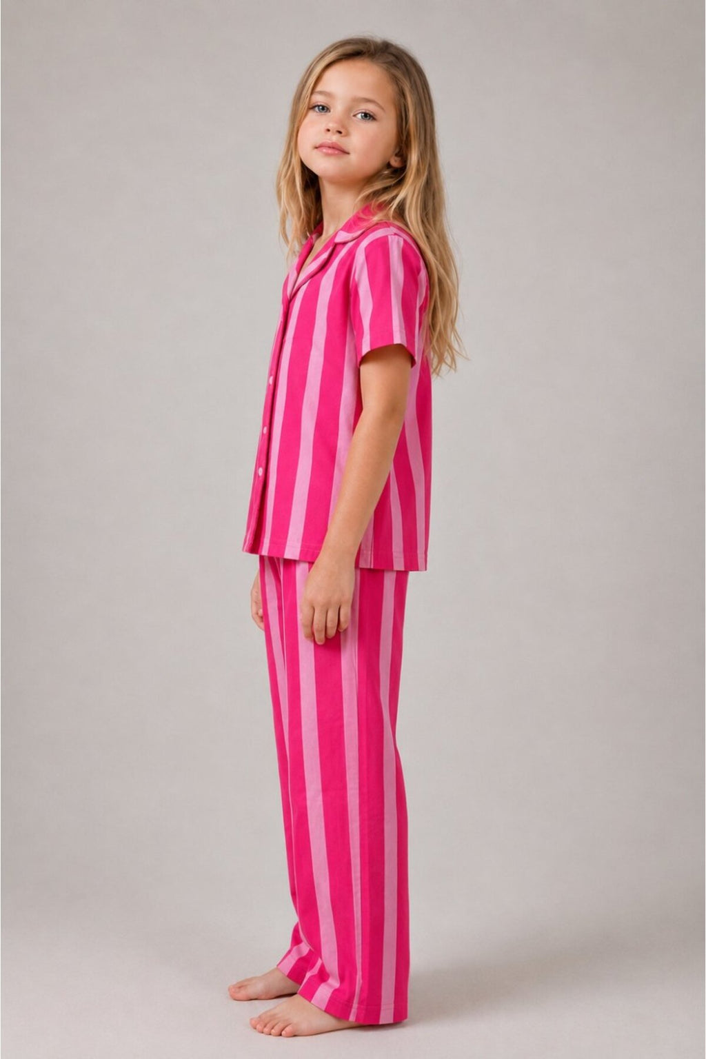 Kız Çocuk Çizgili Gecelik Pembe Pijama Takımı