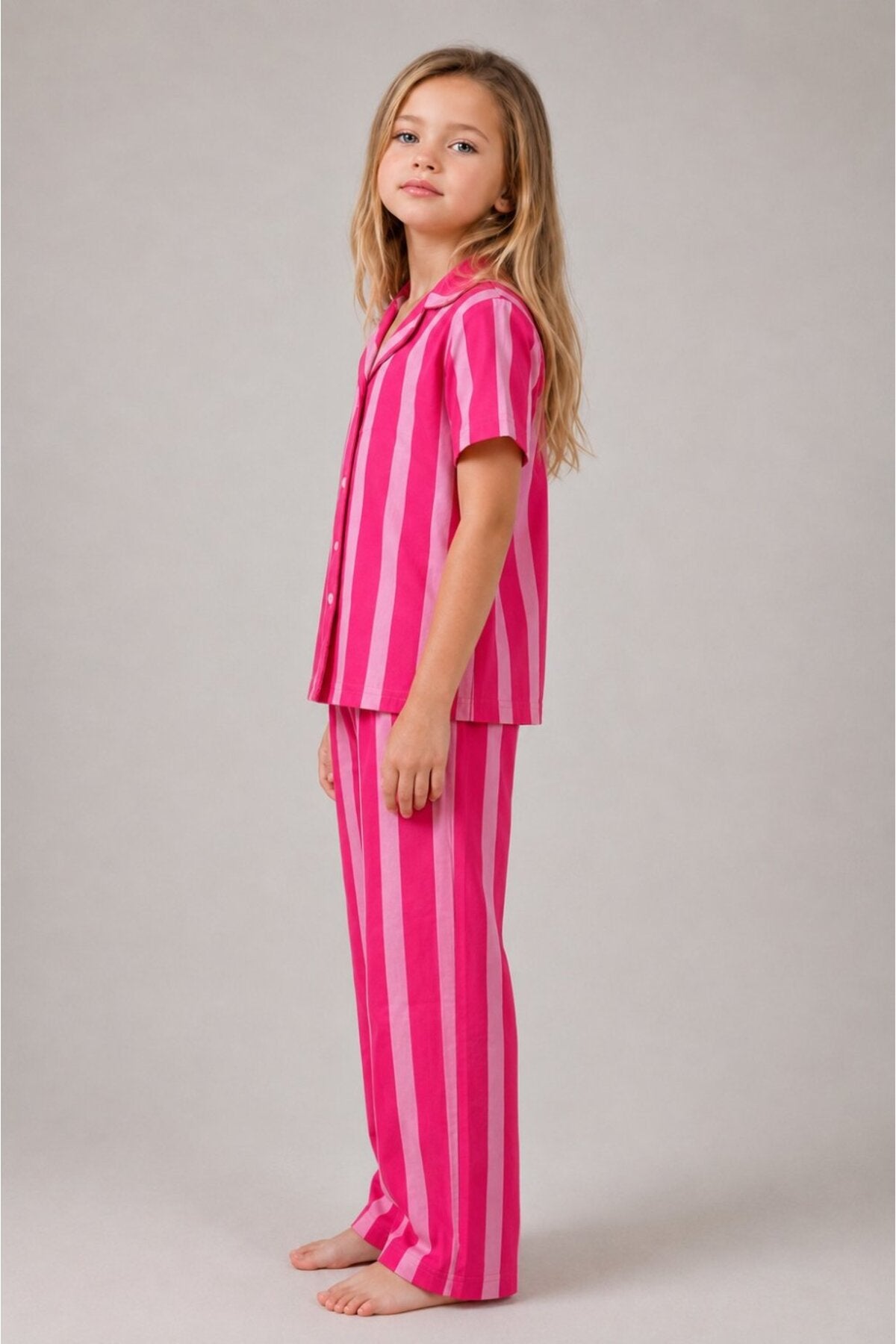 Kız Çocuk Çizgili Gecelik Pembe Pijama Takımı