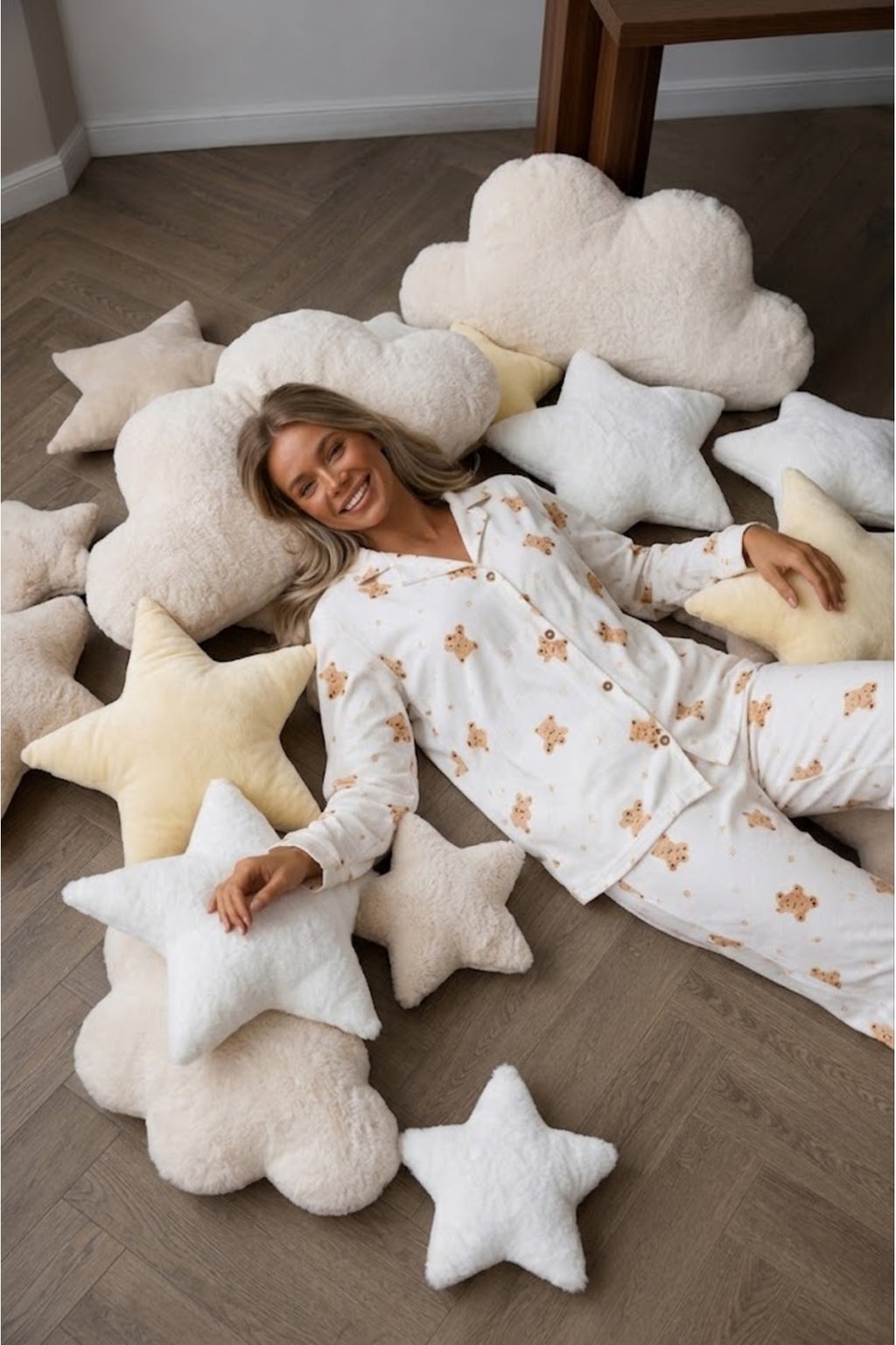 Kadın Düğmeli Uzun Uyku ve Beyaz Pijama Takımı