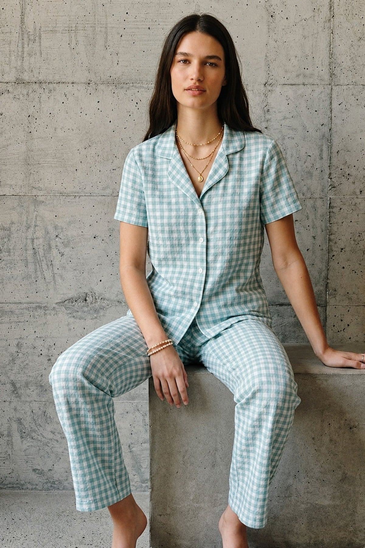 V Yaka Düğmeli Casual Su Yeşili Pijama Takımı