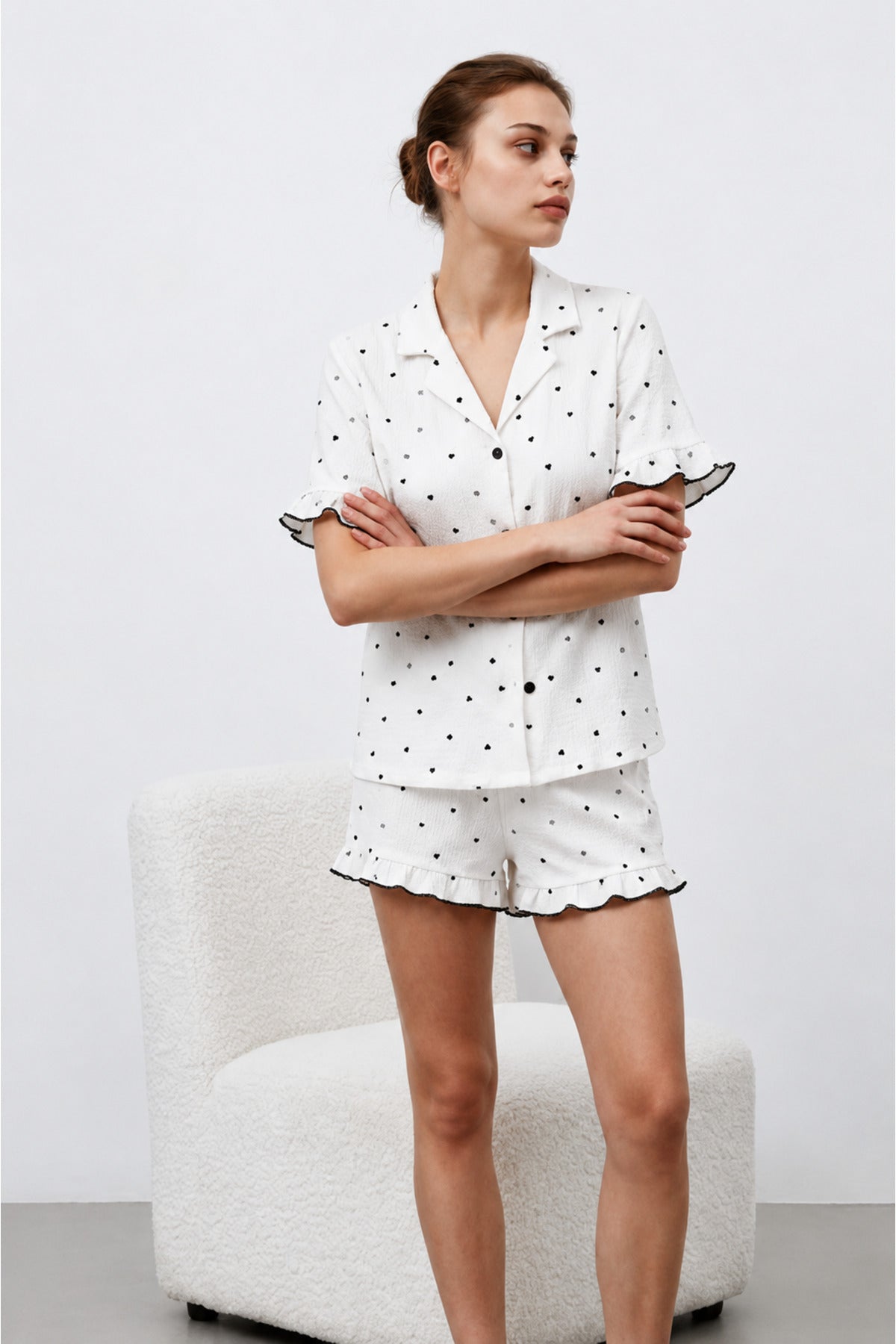 Kadın Premium Fırfırlı Beyaz Pijama Takımı