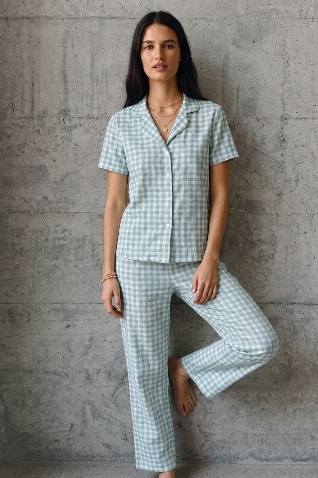 V Yaka Düğmeli Casual Su Yeşili Pijama Takımı