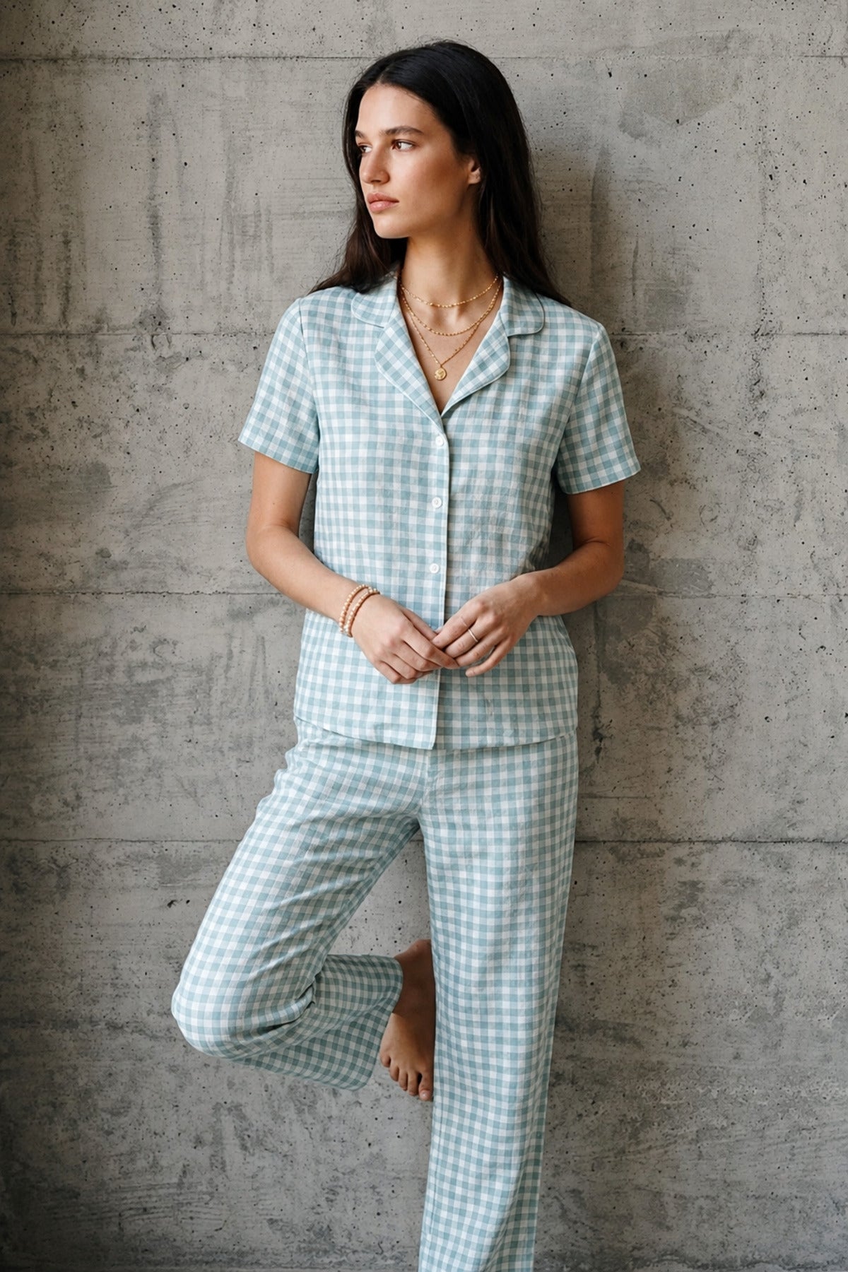 V Yaka Düğmeli Casual Su Yeşili Pijama Takımı
