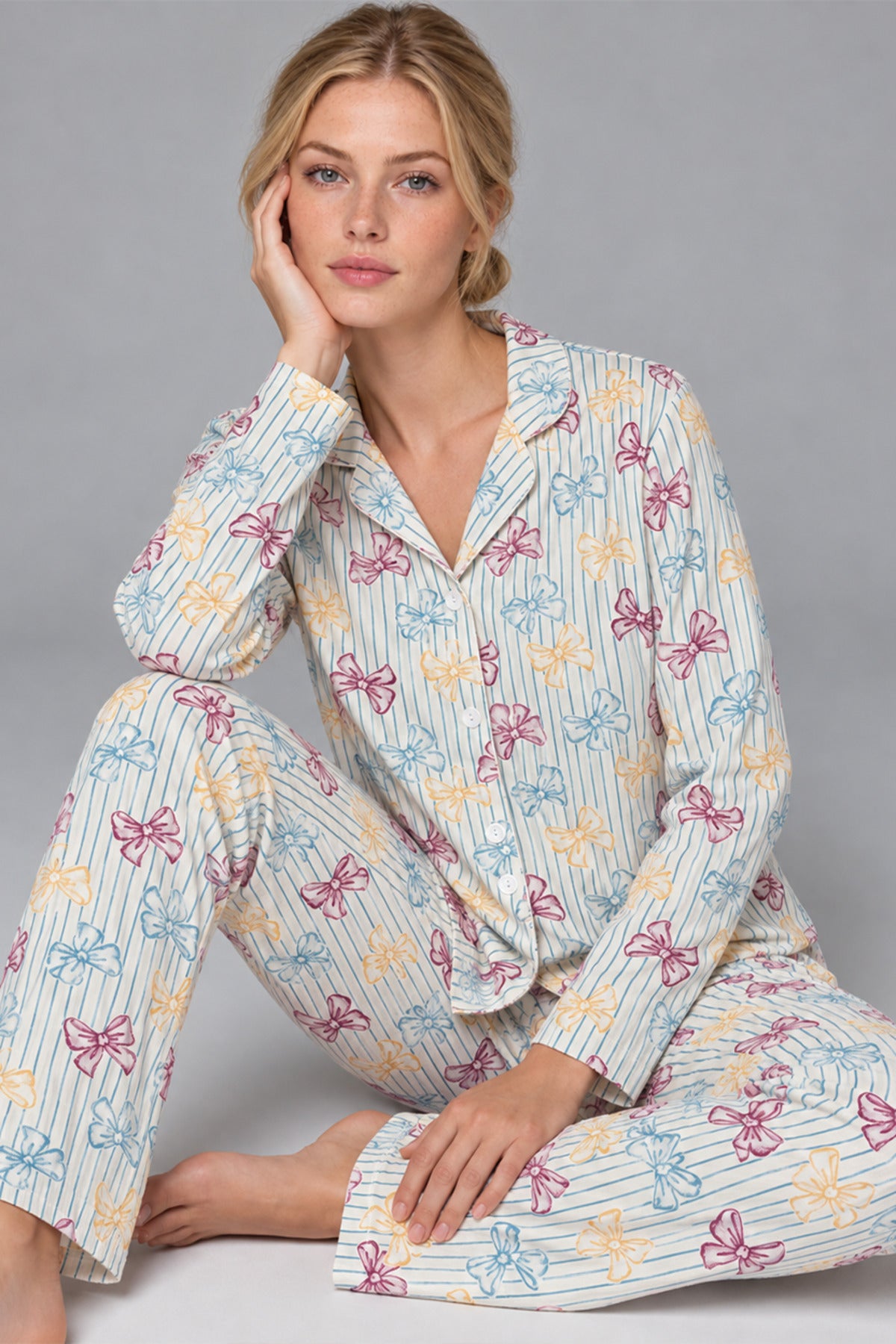 Kadın Kurdela Desenli Bol Renkli Pijama Takımı 4798 Çok Renkli
