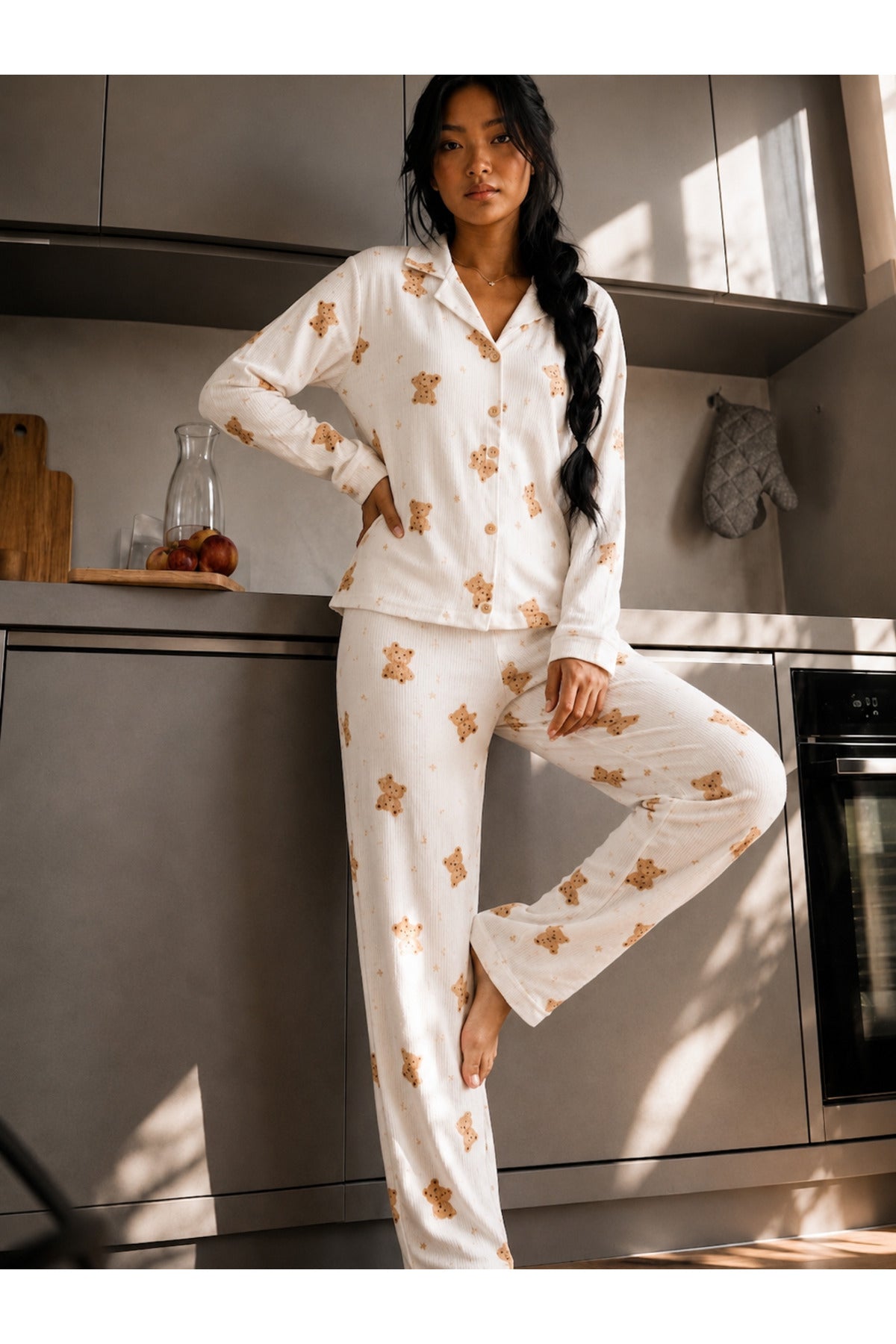 Kadın Düğmeli Gömlek Yaka Ev Giyimi Beyaz Pijama Takımı
