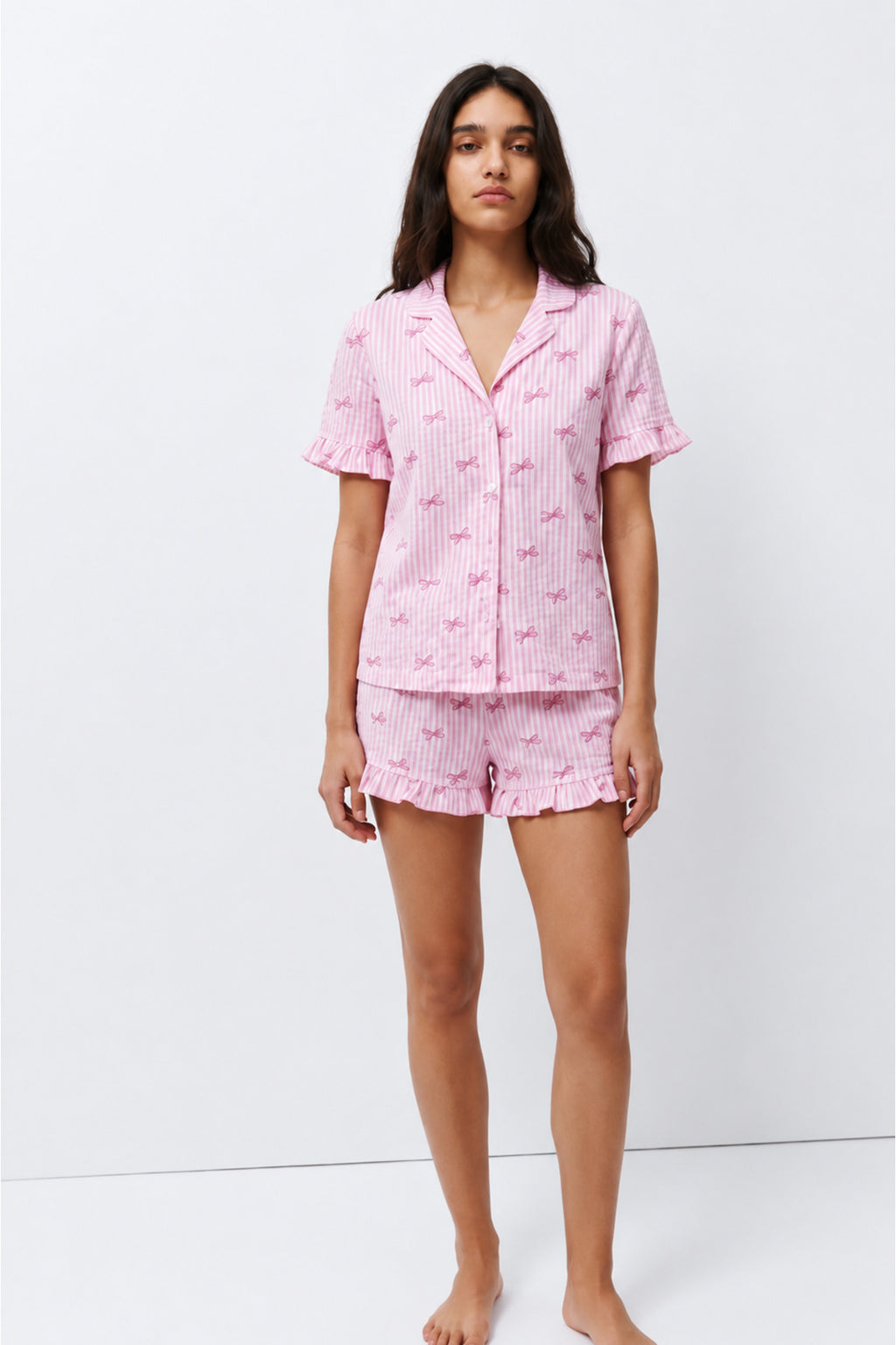 Kadın Desenli Trend Pembe Pijama Takımı