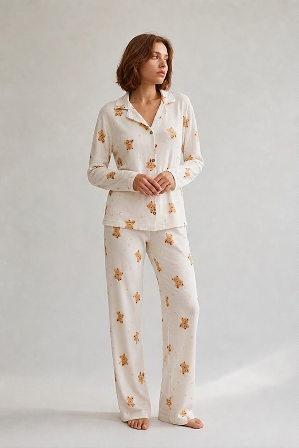 Kadın Gömlek Yaka Düğmeli Gece Giyimi Beyaz Pijama Takımı