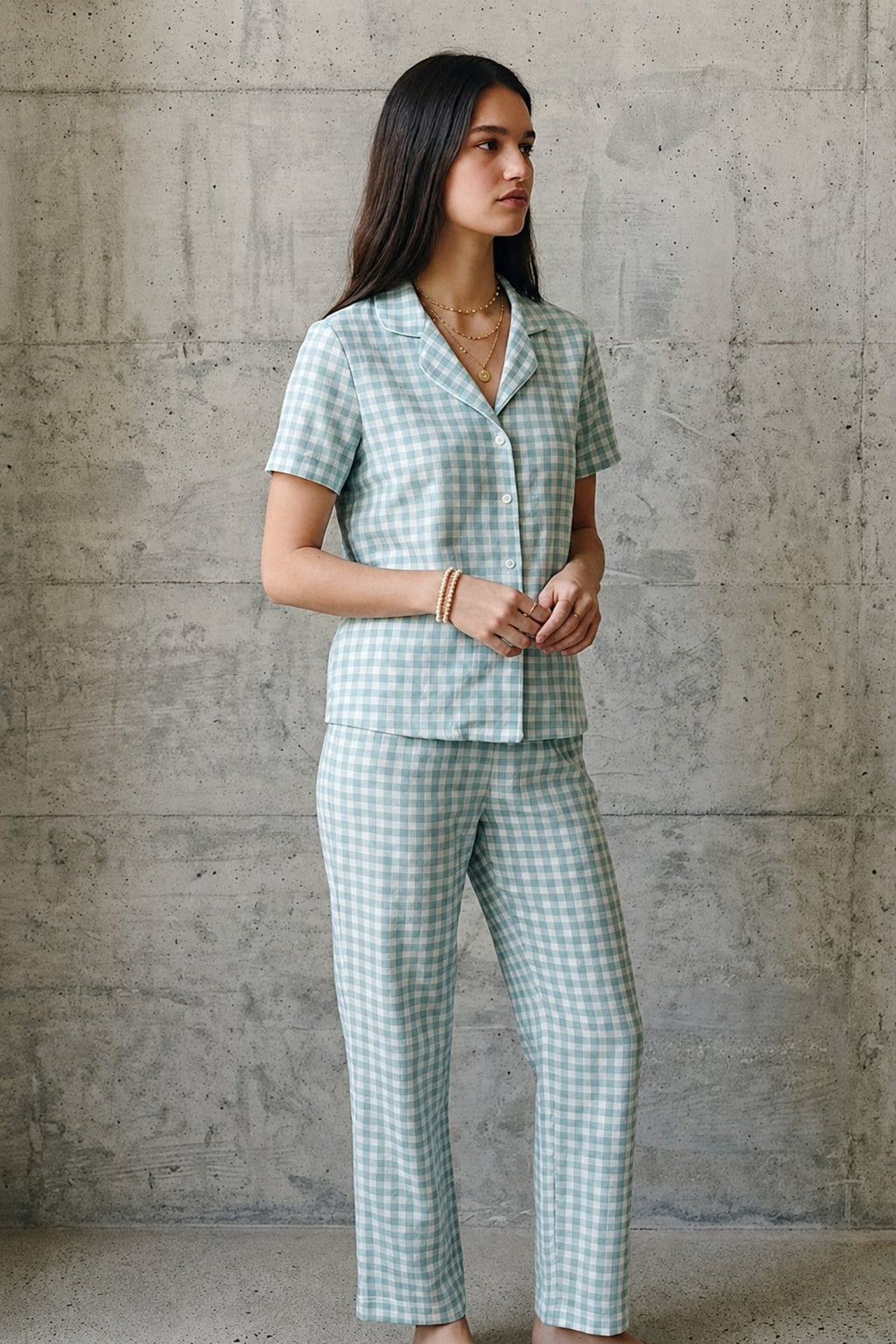 V Yaka Düğmeli Casual Su Yeşili Pijama Takımı