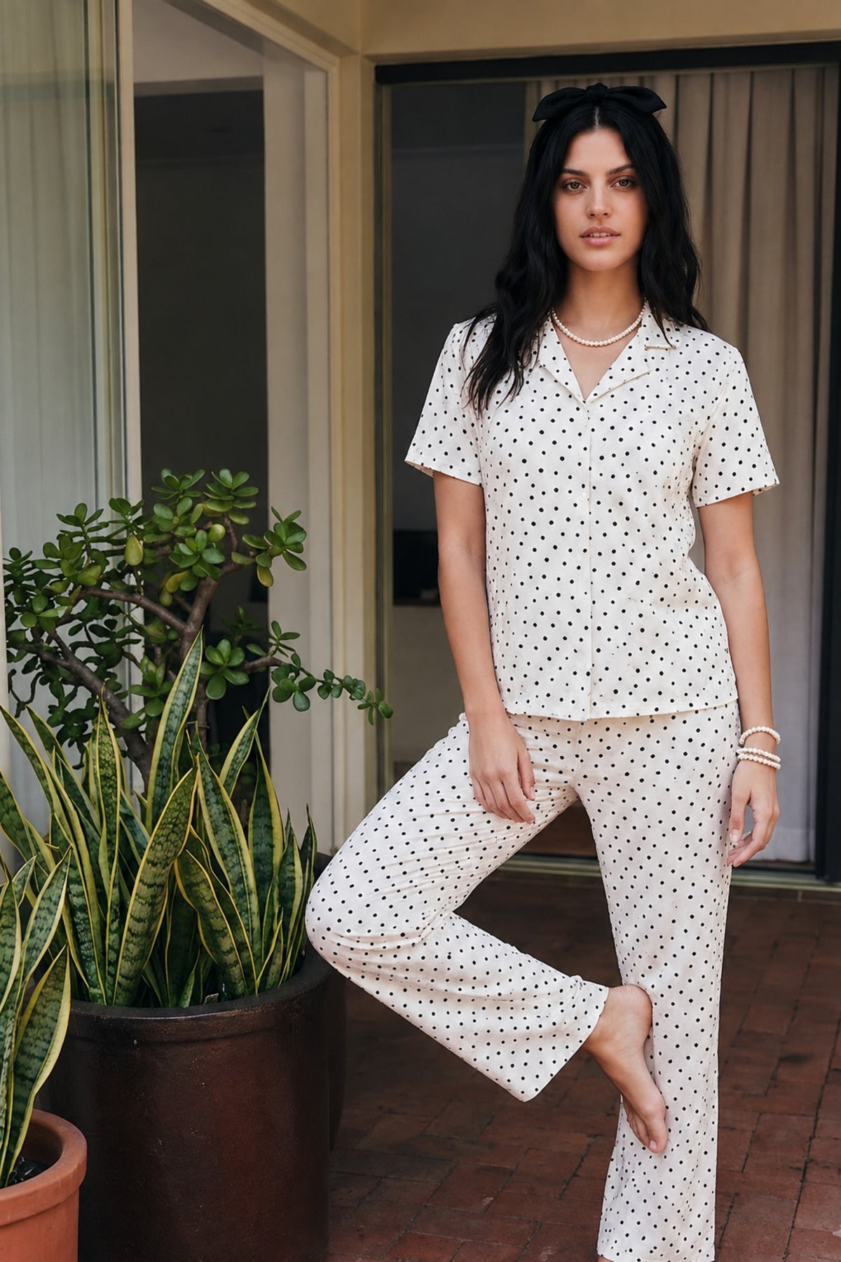 Viskon Karışım Homewear Kar Beyaz Pijama Takımı