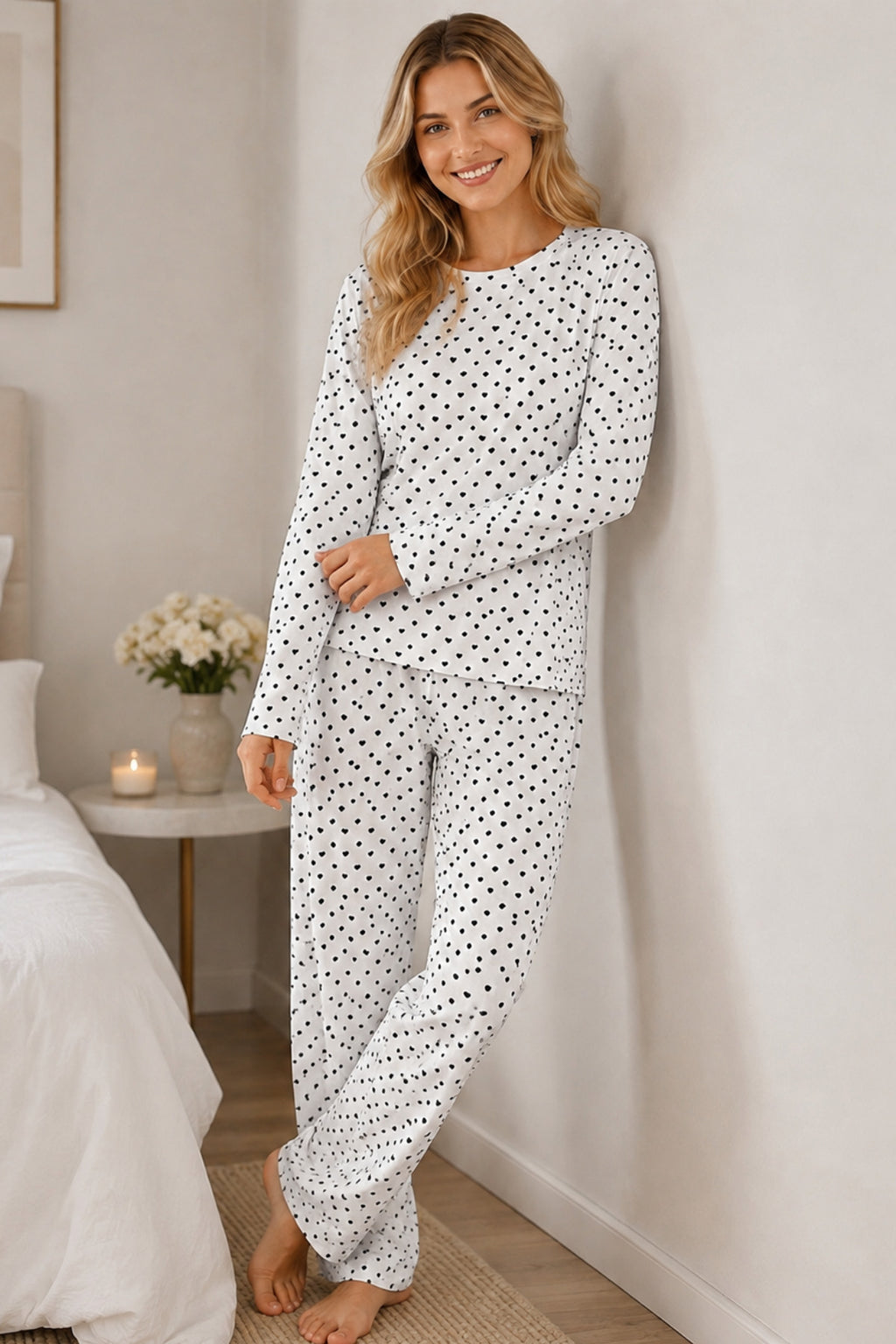Kadın Kalpli Uzun Kol Rahat Pijama Takımı 4673 Beyaz