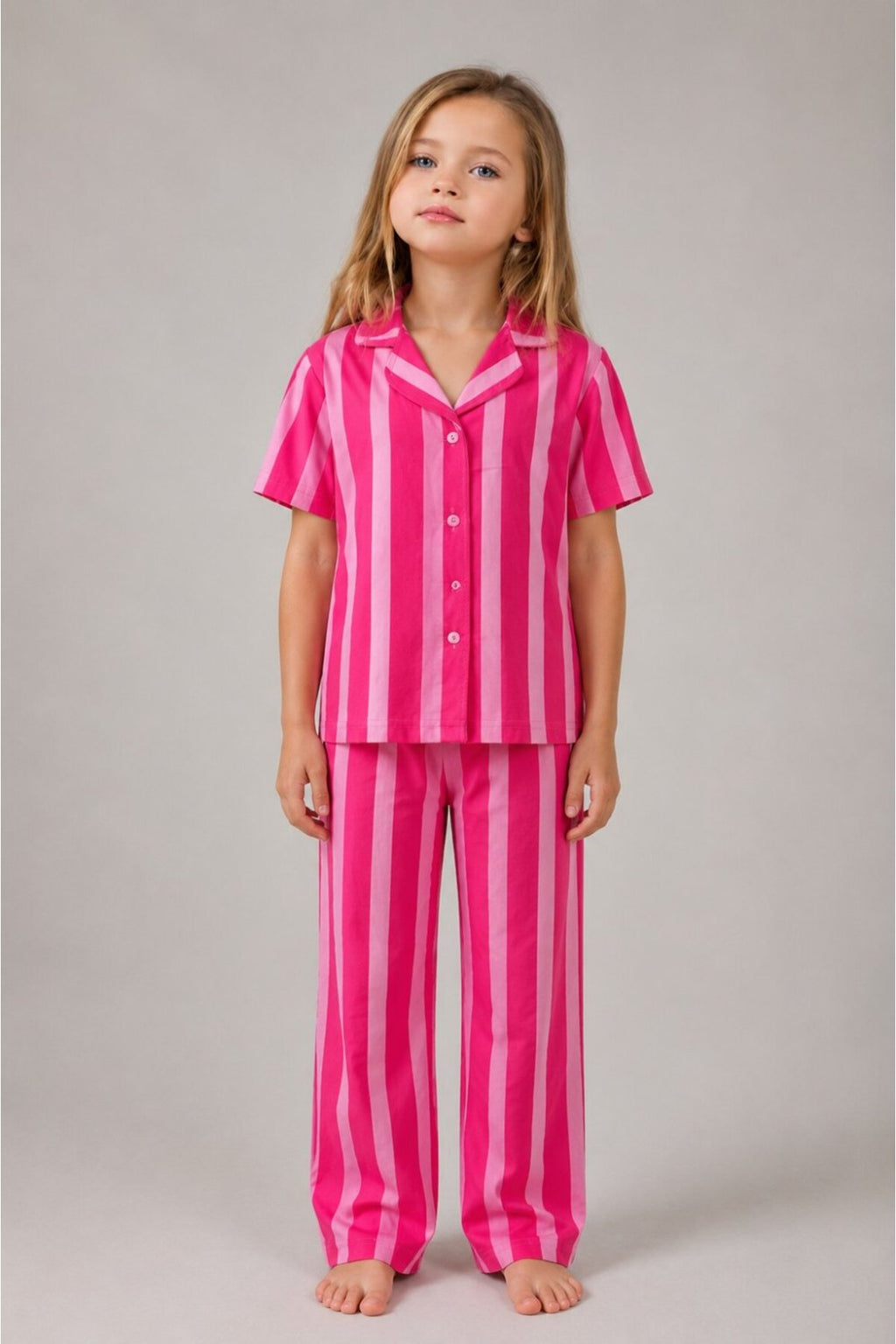 Kız Çocuk Çizgili Gecelik Pembe Pijama Takımı