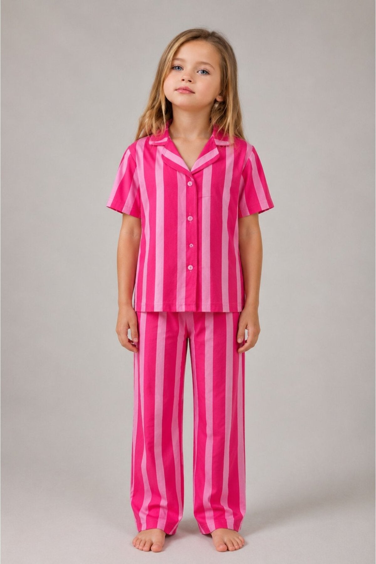 Kız Çocuk Çizgili Gecelik Pembe Pijama Takımı