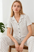 Kadın Relax Fit Puantiyeli Beyaz Pijama Takımı 4857