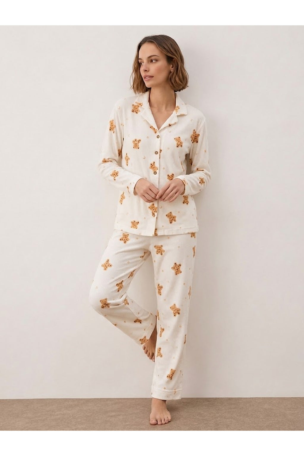 Kadın Gömlek Yakalı Uzun Kollu Beyaz Pijama Seti