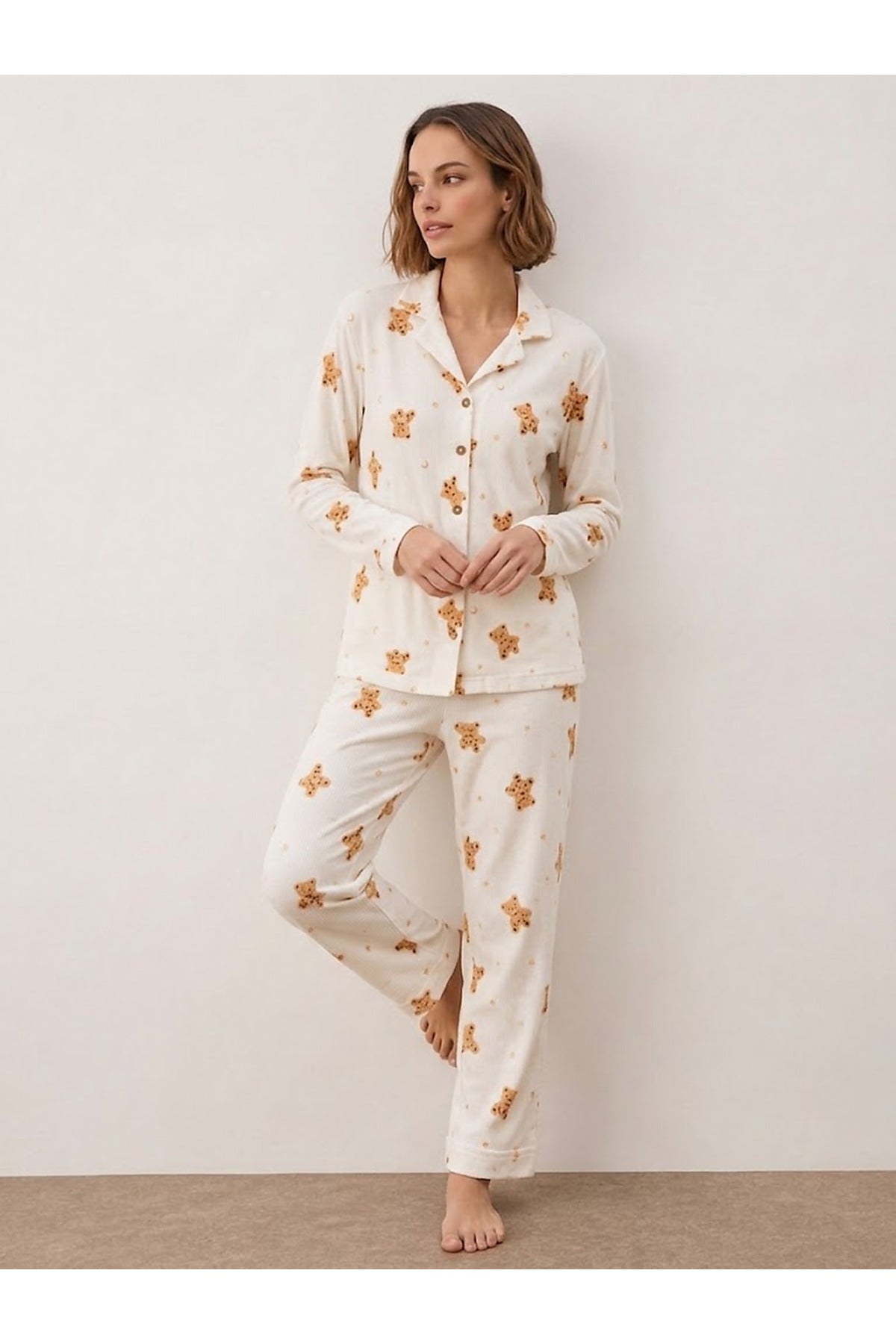 Kadın Gömlek Yakalı Uzun Kollu Beyaz Pijama Seti