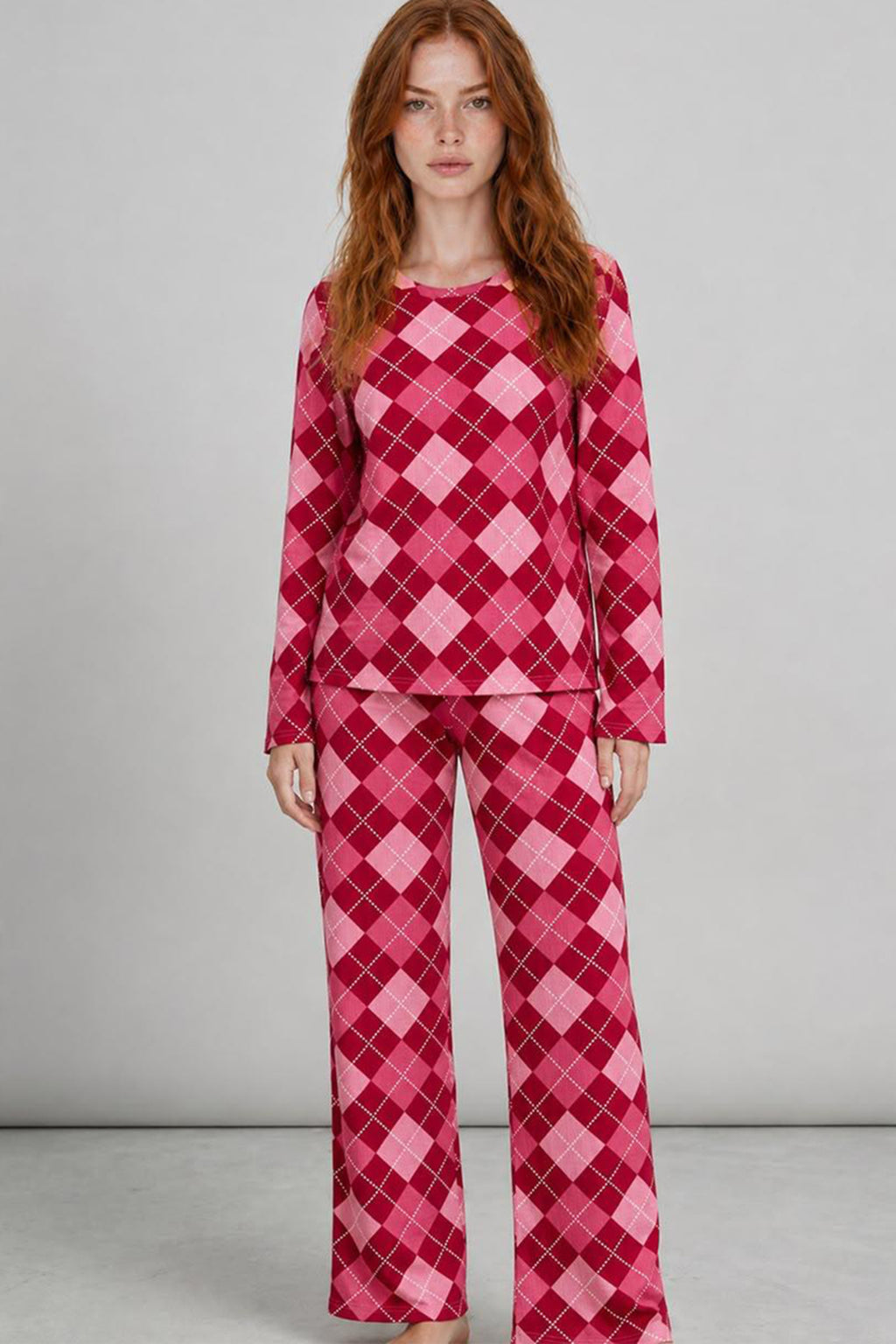 Kadın Çizgili Regular Fit Kırmızı Pijama Takımı 4766