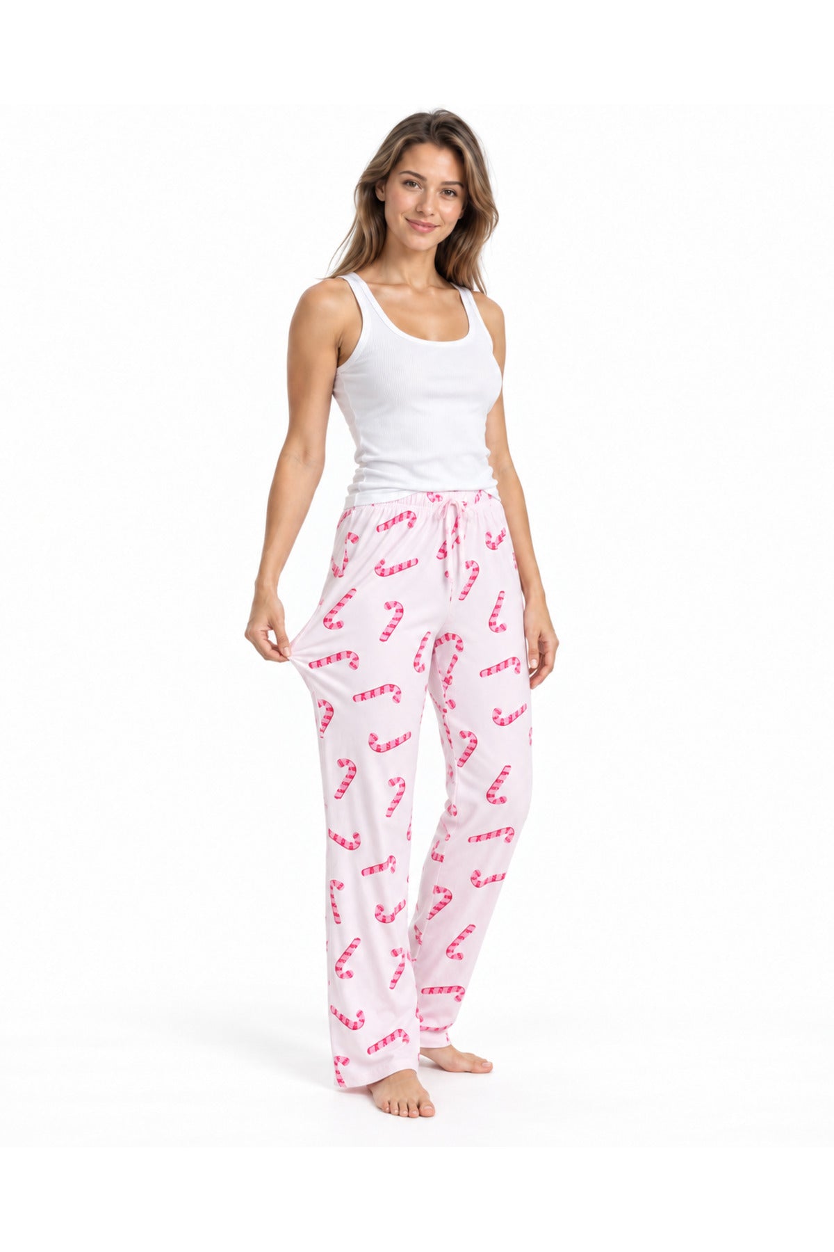 Kadın Çizgili Bluz Desenli Askılı Beyaz Pijama Takımı