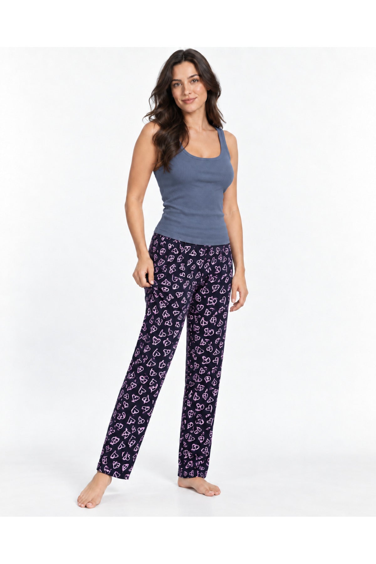 Kadın Çizgili Bluz Desenli Askılı Gri Pijama Takımı