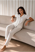 Kadın Loose Uzun Paça Pamuk Kar Beyaz Pijama Takımı